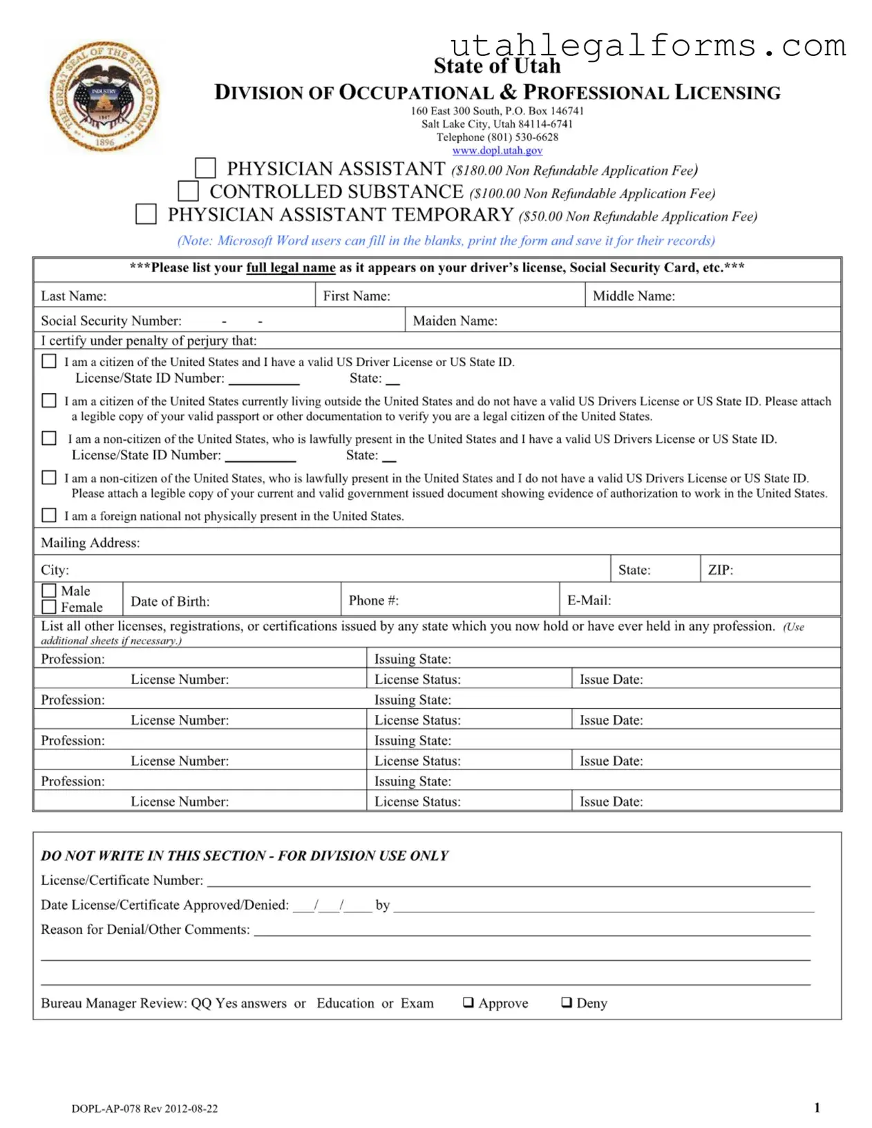 Fill a Valid Dopl Ap 078 Utah Template