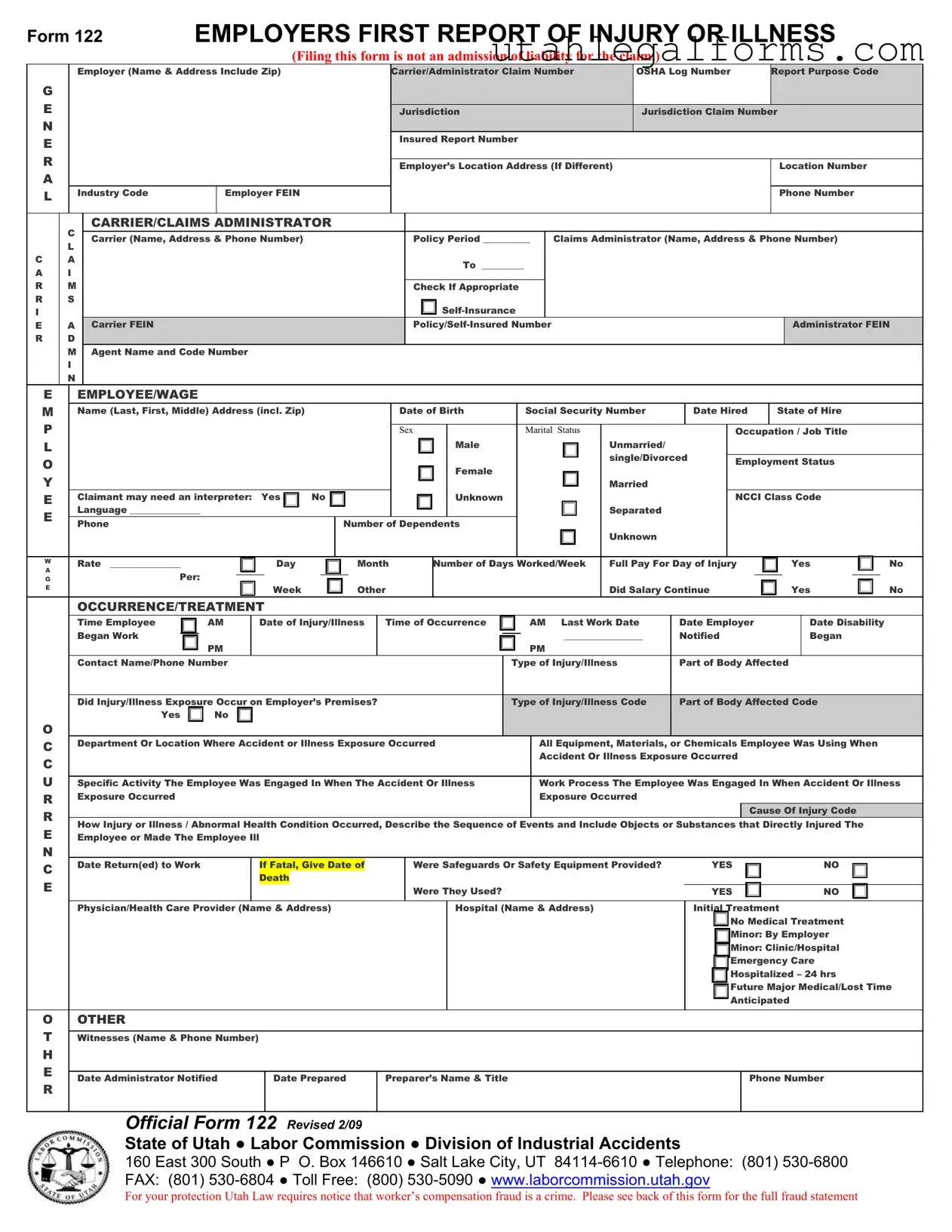 Fill a Valid Official 122 Utah Template