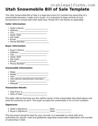 Official Snowmobile Bill of Sale Form for Utah State