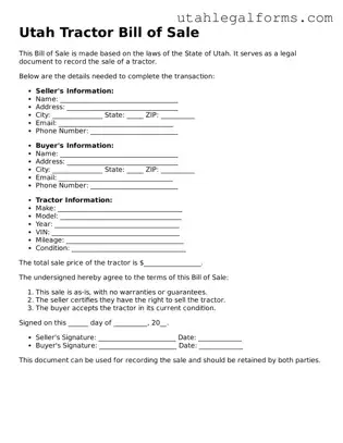Official Tractor Bill of Sale Form for Utah State