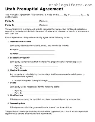 Official Prenuptial Agreement Form for Utah State