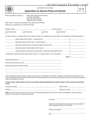 Fill a Valid Utah Tc 142 Template