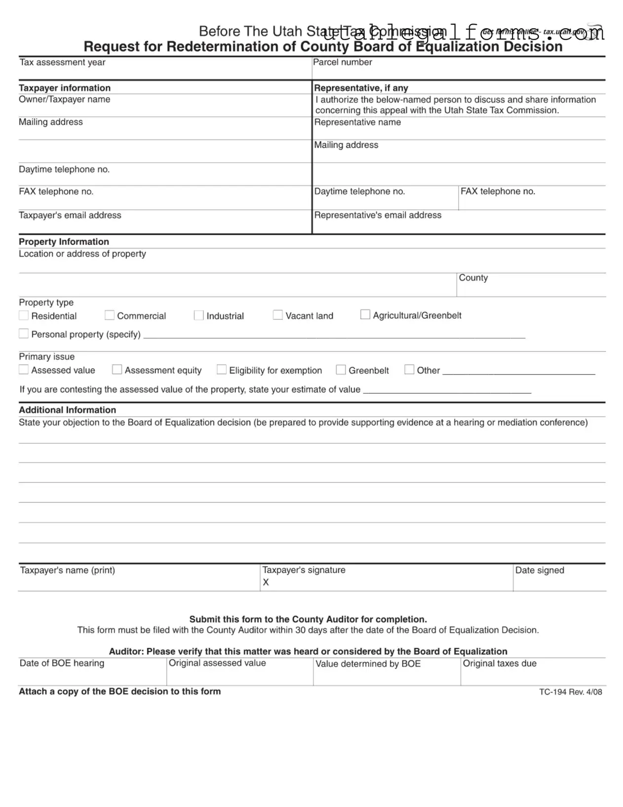 Fill a Valid Tc 194 Utah Template