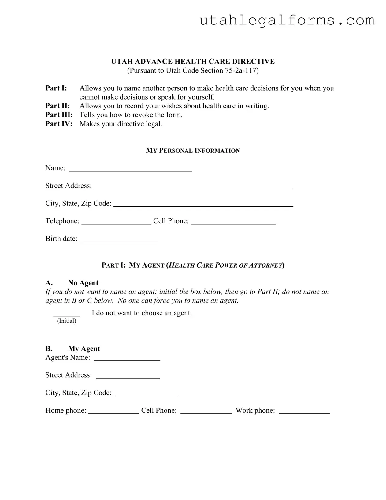 Fill a Valid Utah Advance Health Care Template