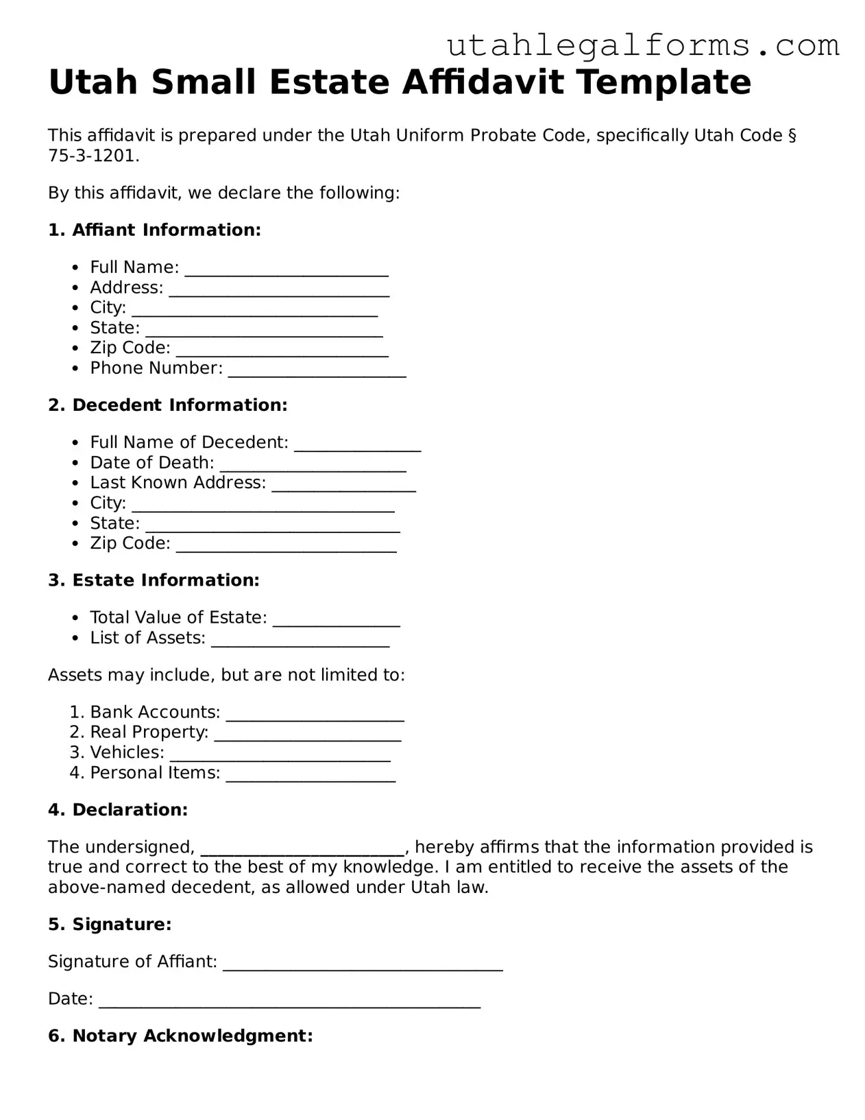 Official Small Estate Affidavit Form for Utah State