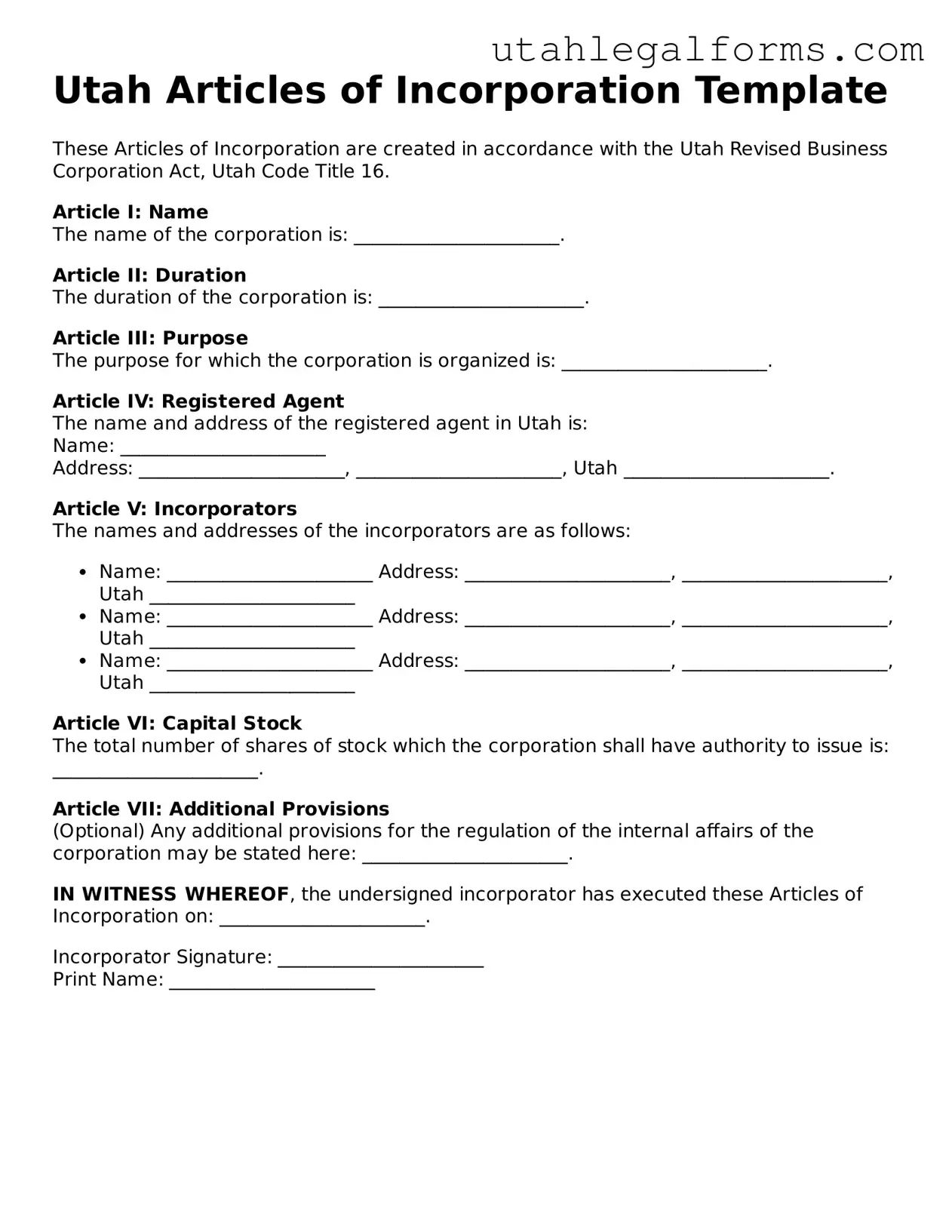 Official Articles of Incorporation Form for Utah State