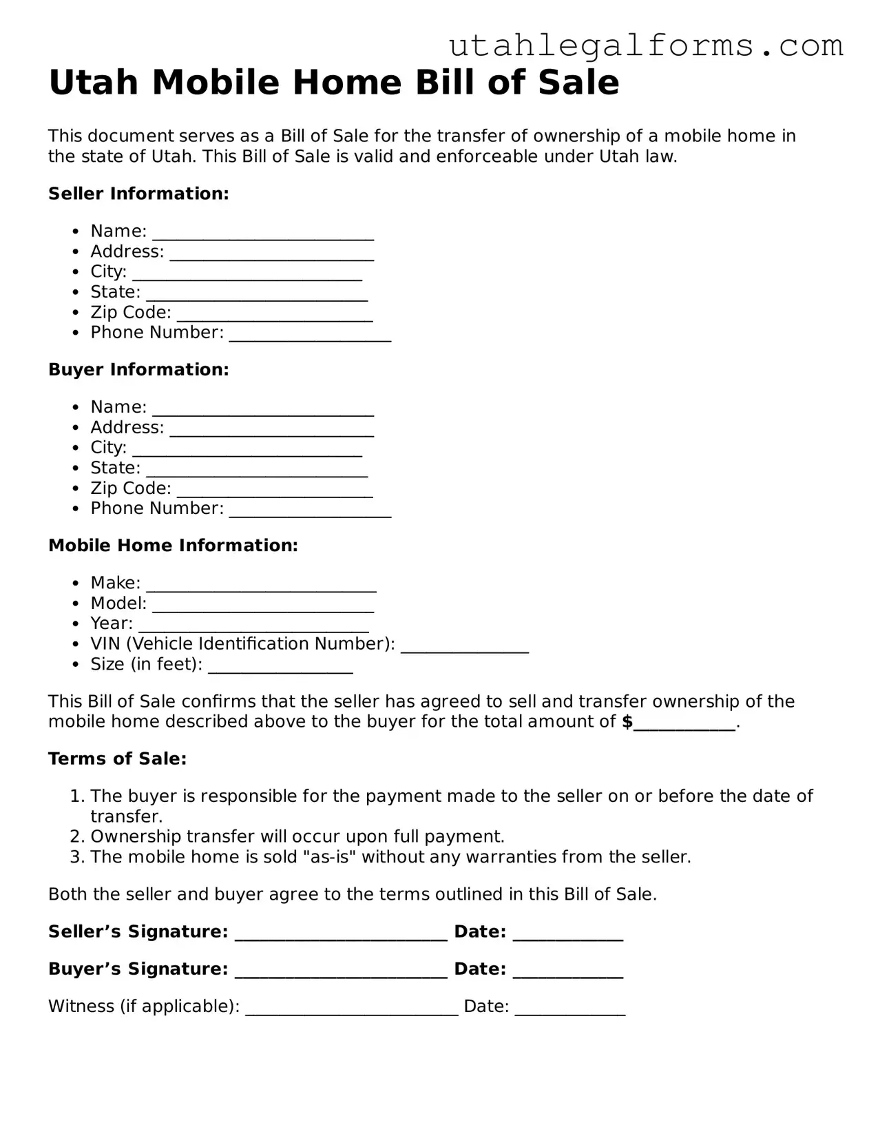 Official Mobile Home Bill of Sale Form for Utah State