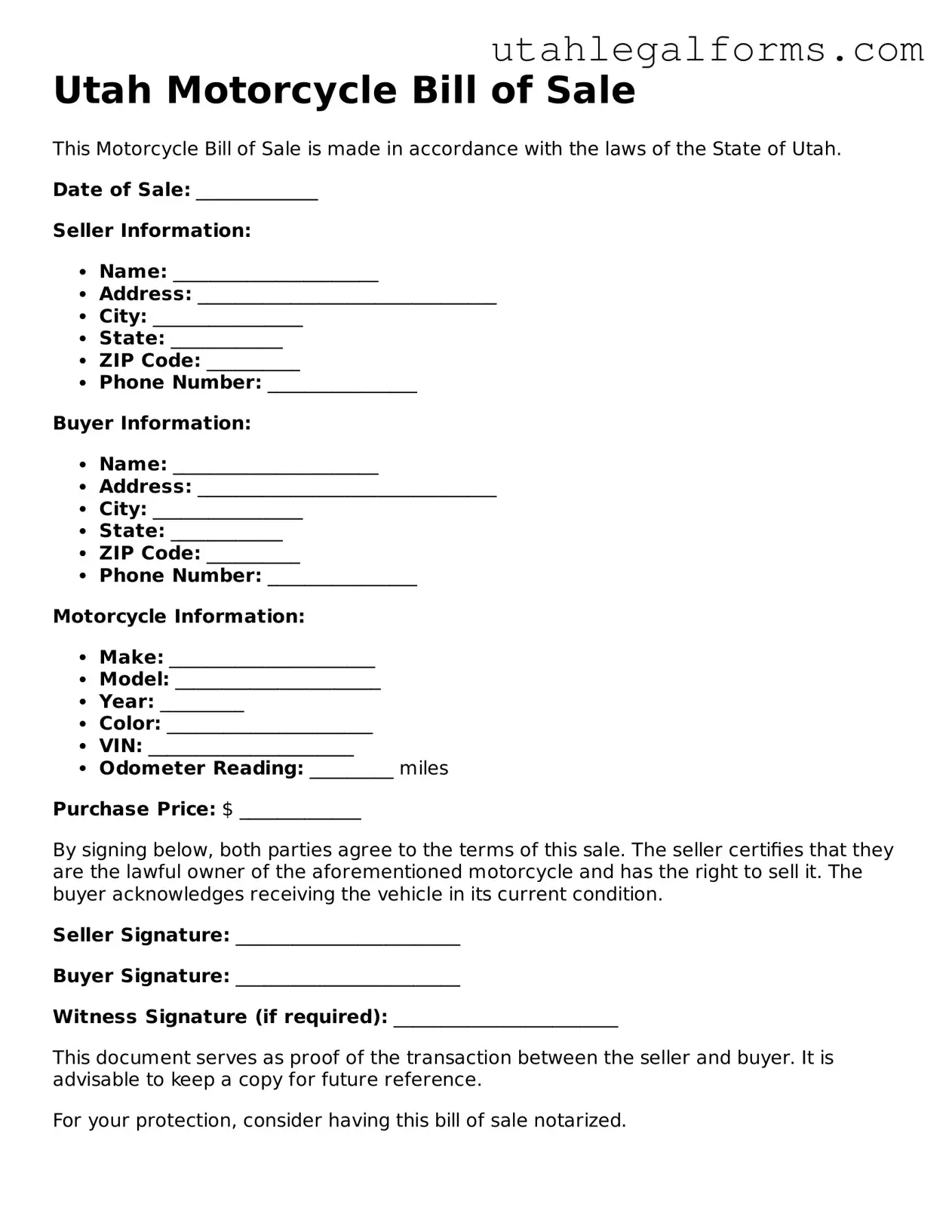 Official Motorcycle Bill of Sale Form for Utah State
