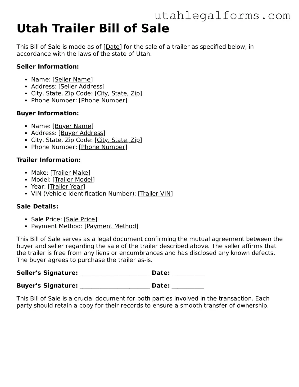 Official Trailer Bill of Sale Form for Utah State