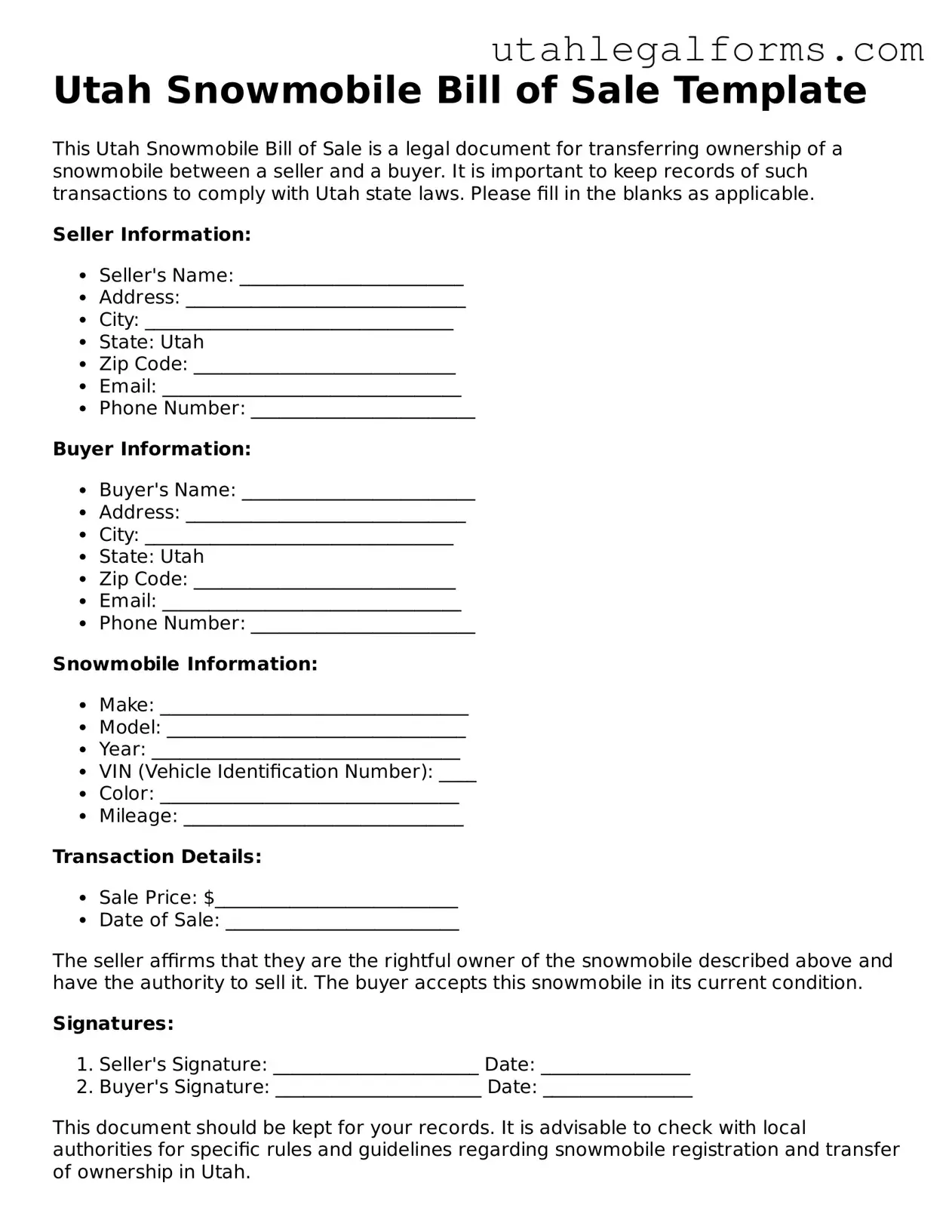 Official Snowmobile Bill of Sale Form for Utah State