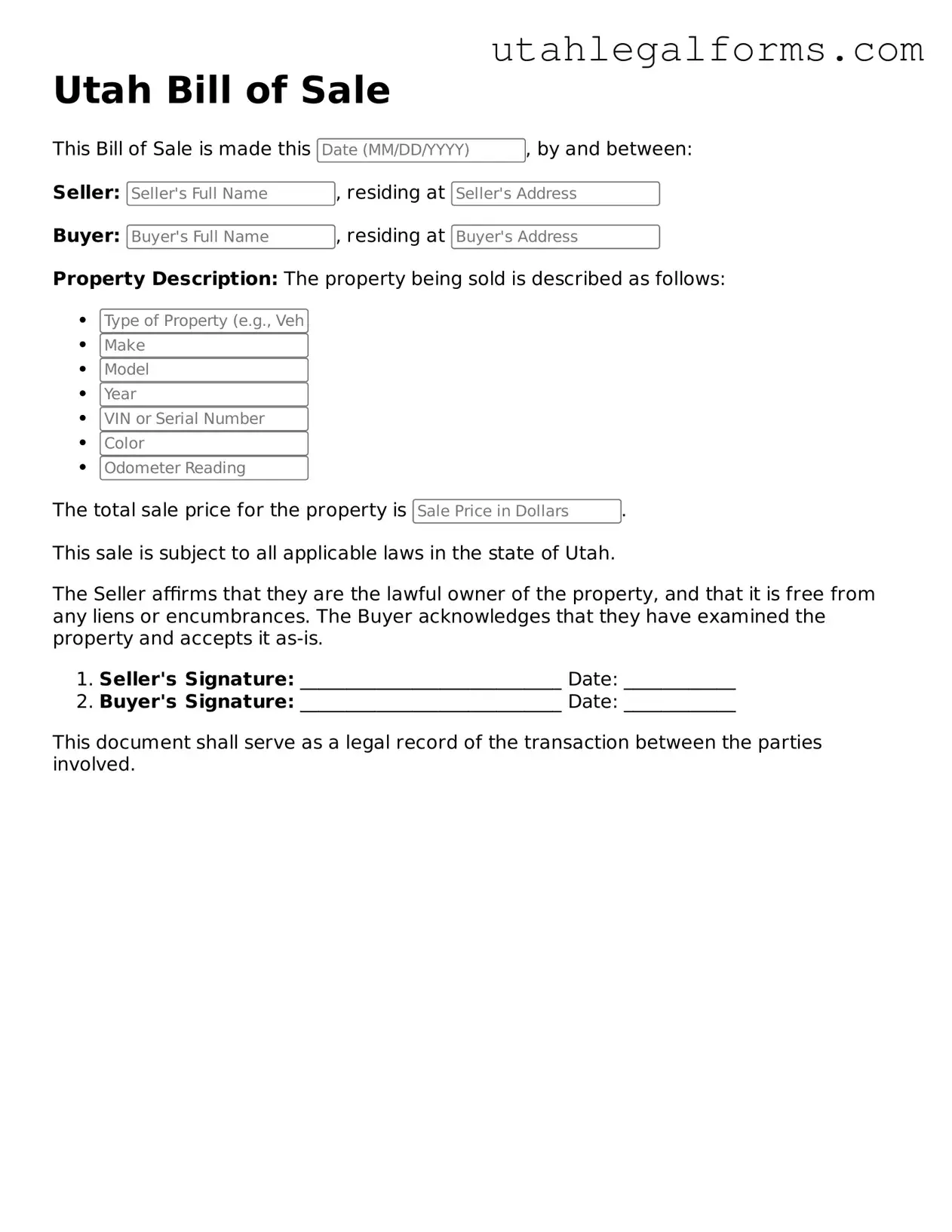 Official Bill of Sale Form for Utah State