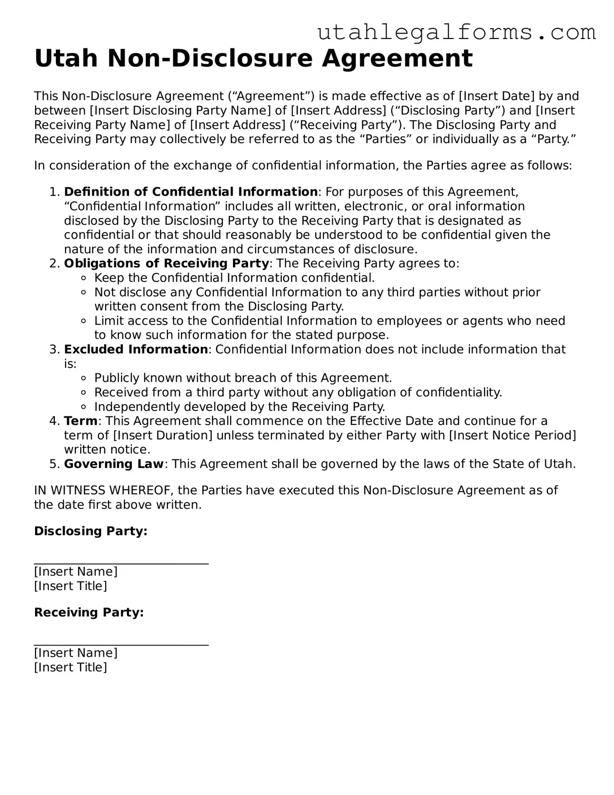 Official Non-disclosure Agreement Form for Utah State