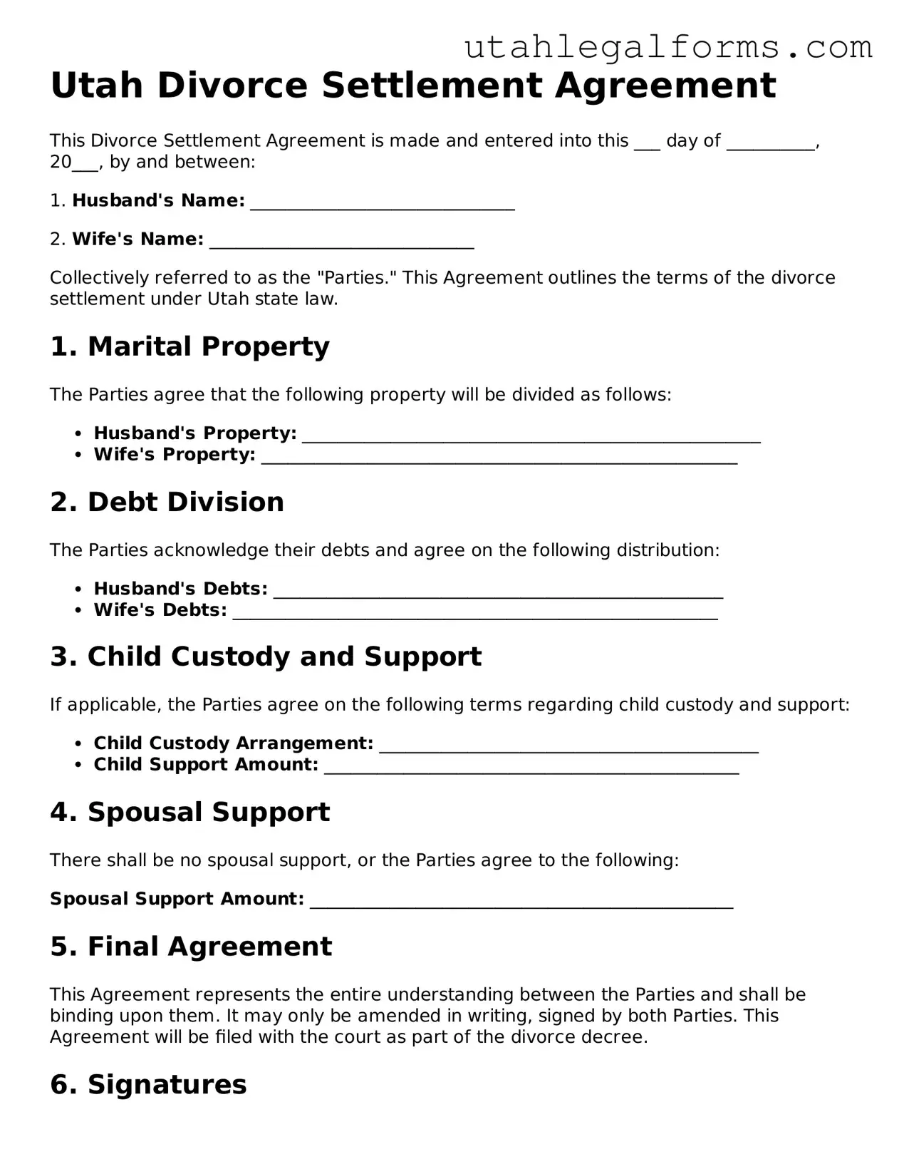 Official Divorce Settlement Agreement Form for Utah State