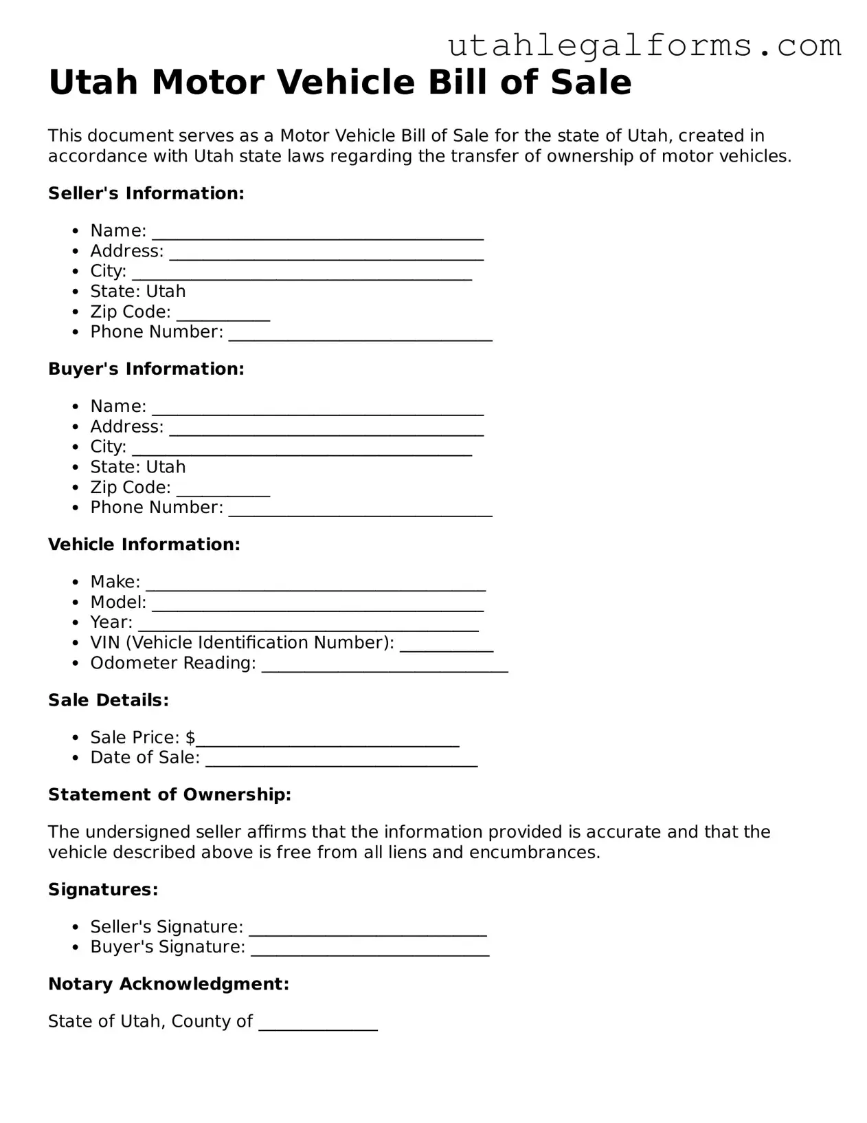 Official Motor Vehicle Bill of Sale Form for Utah State