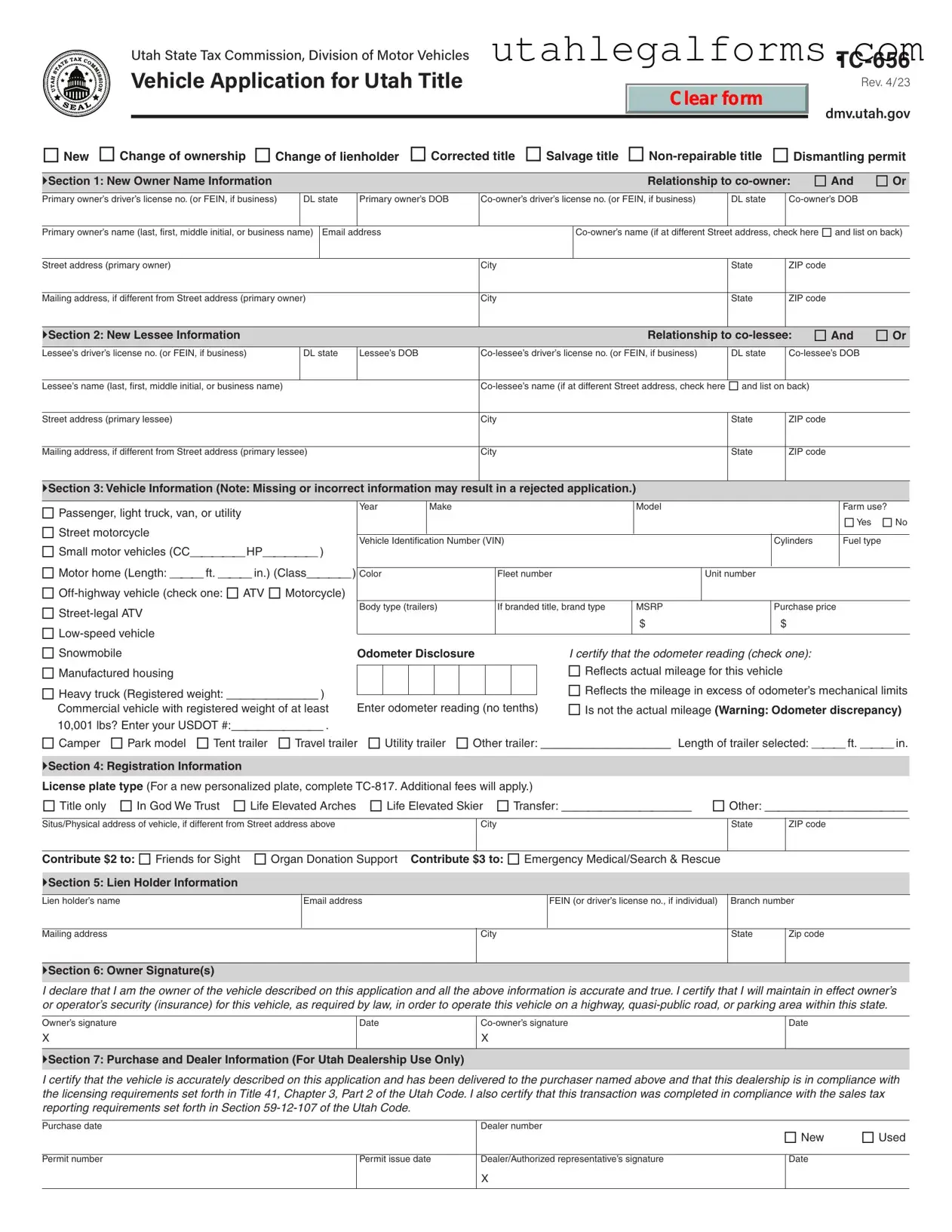 Fill a Valid Utah Dmv Tc 656 Template
