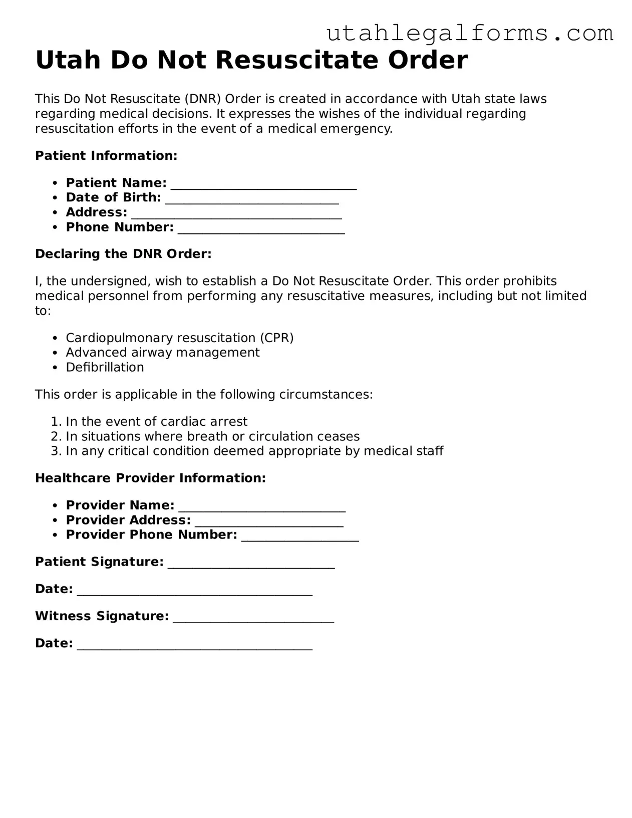 Official Do Not Resuscitate Order Form for Utah State