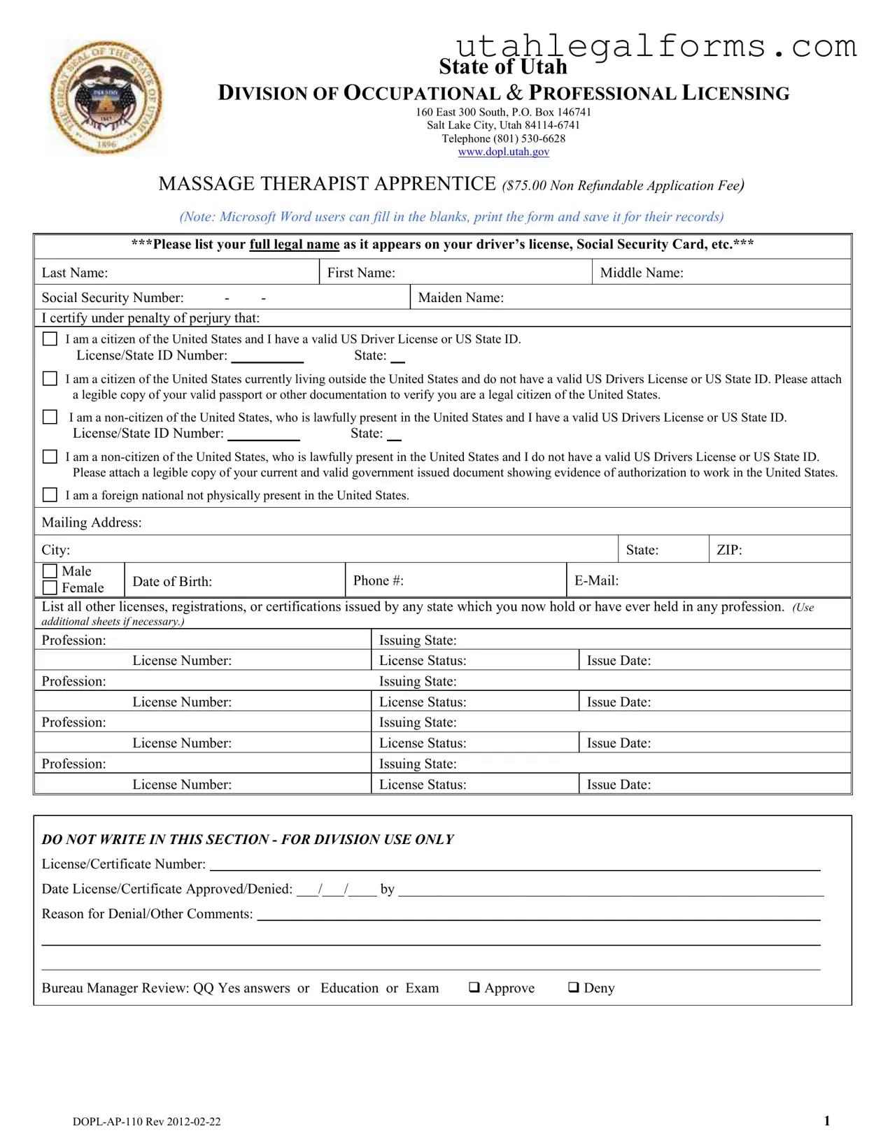Fill a Valid Utah Dopl Ap 110 Template