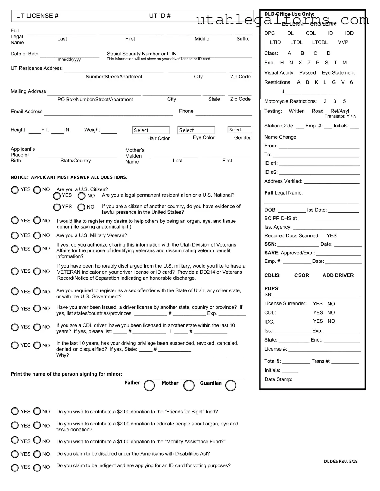 Fill a Valid Utah Driver License Application Template
