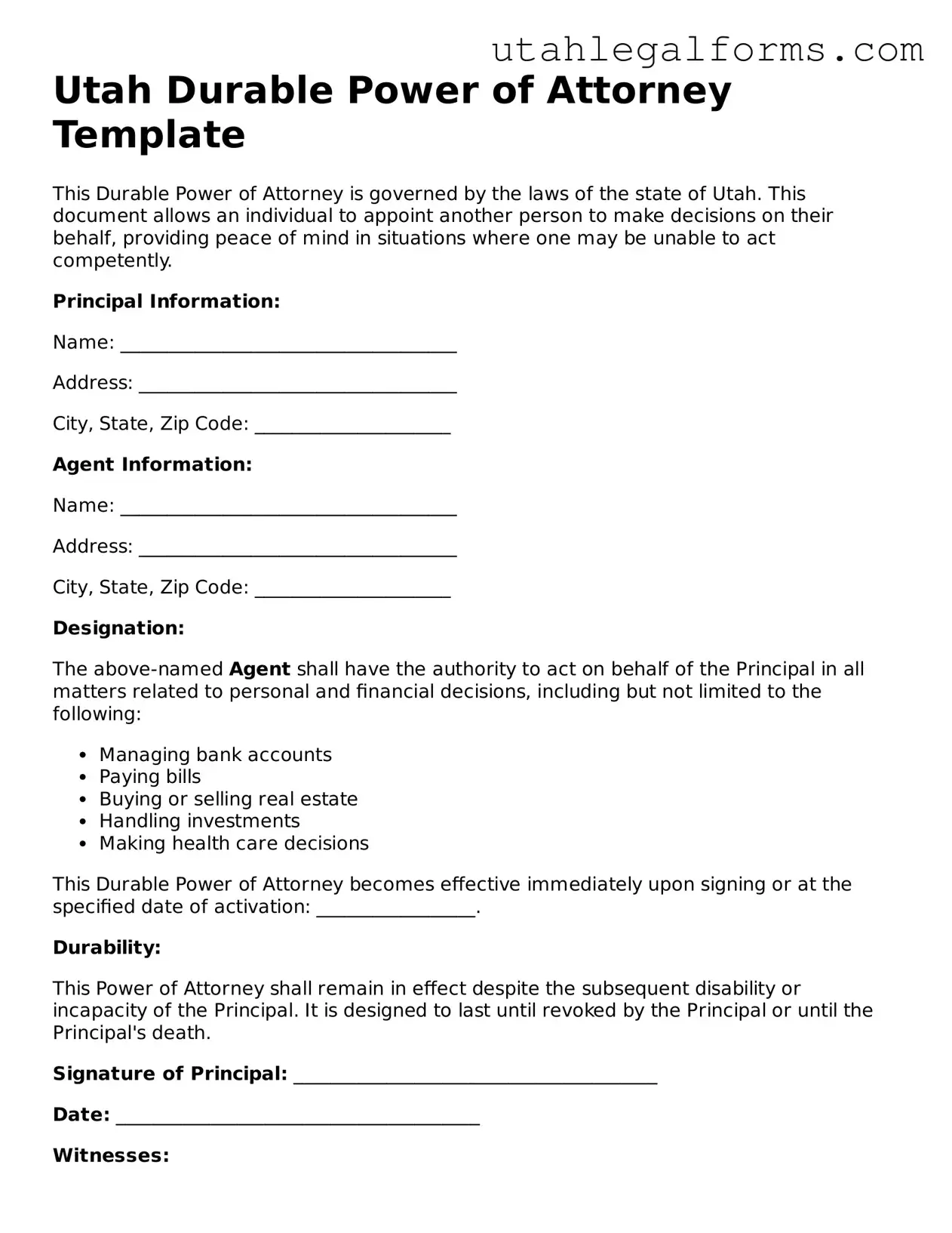 Official Durable Power of Attorney Form for Utah State
