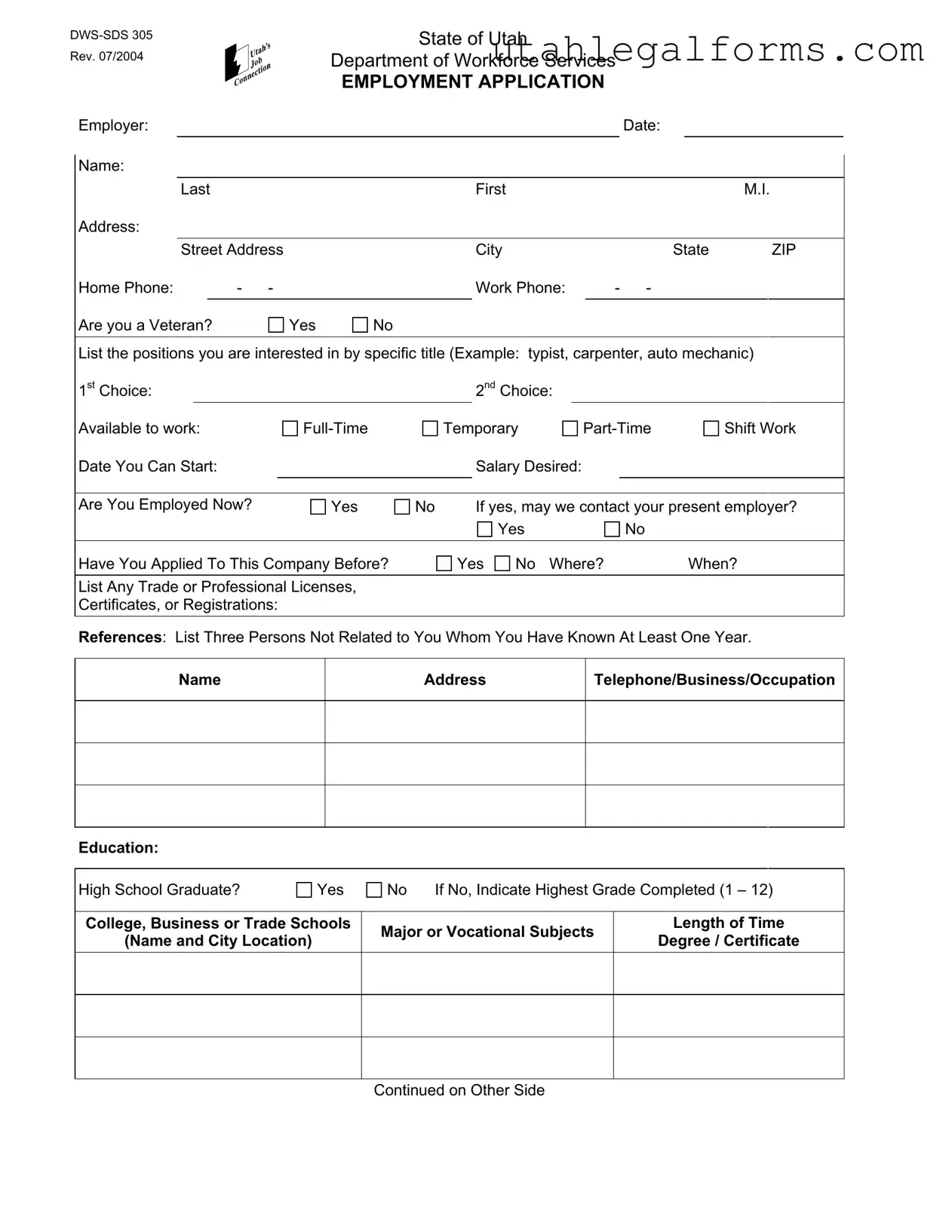 Fill a Valid Utah Dws Sds 305 Template