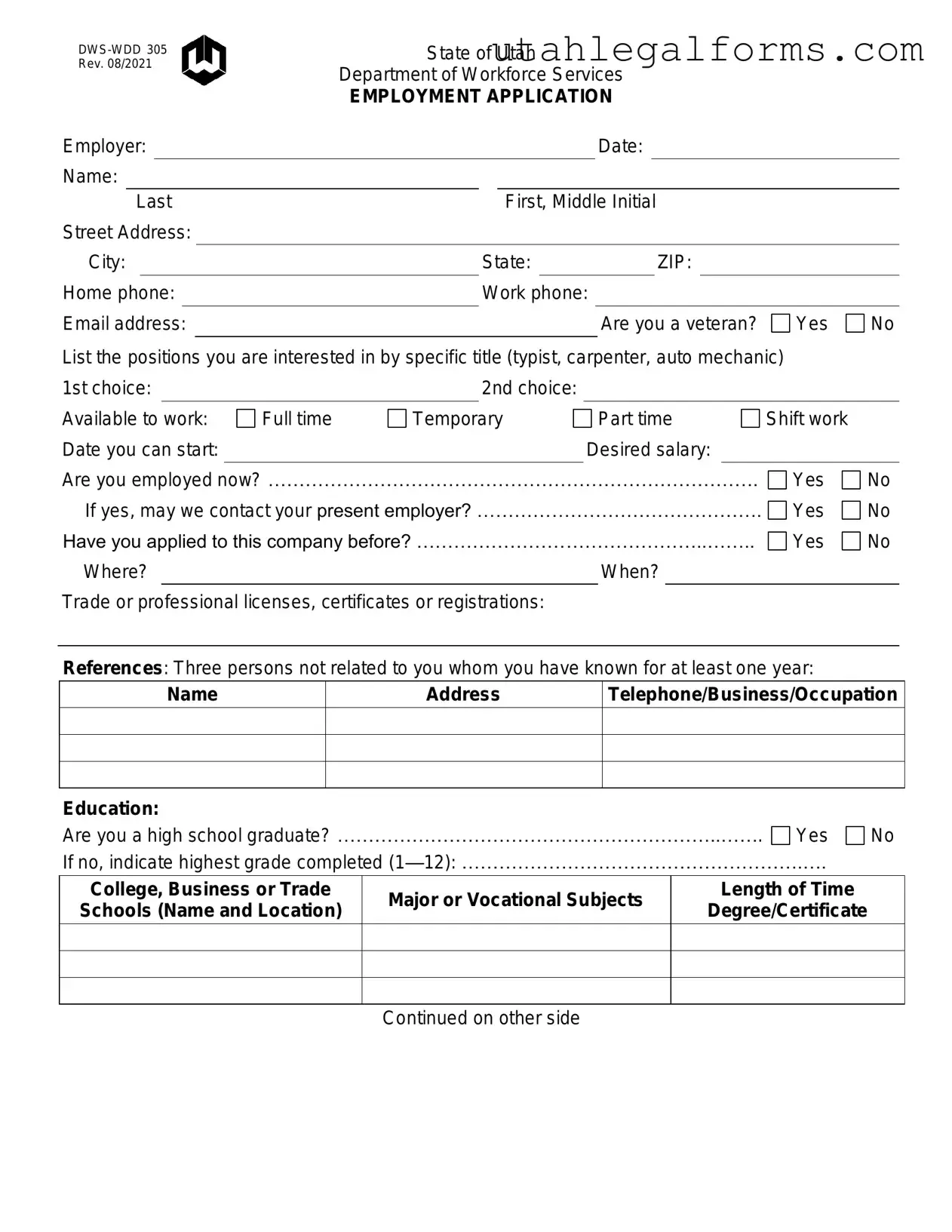 Fill a Valid Utah Dws Wdd 305 Template