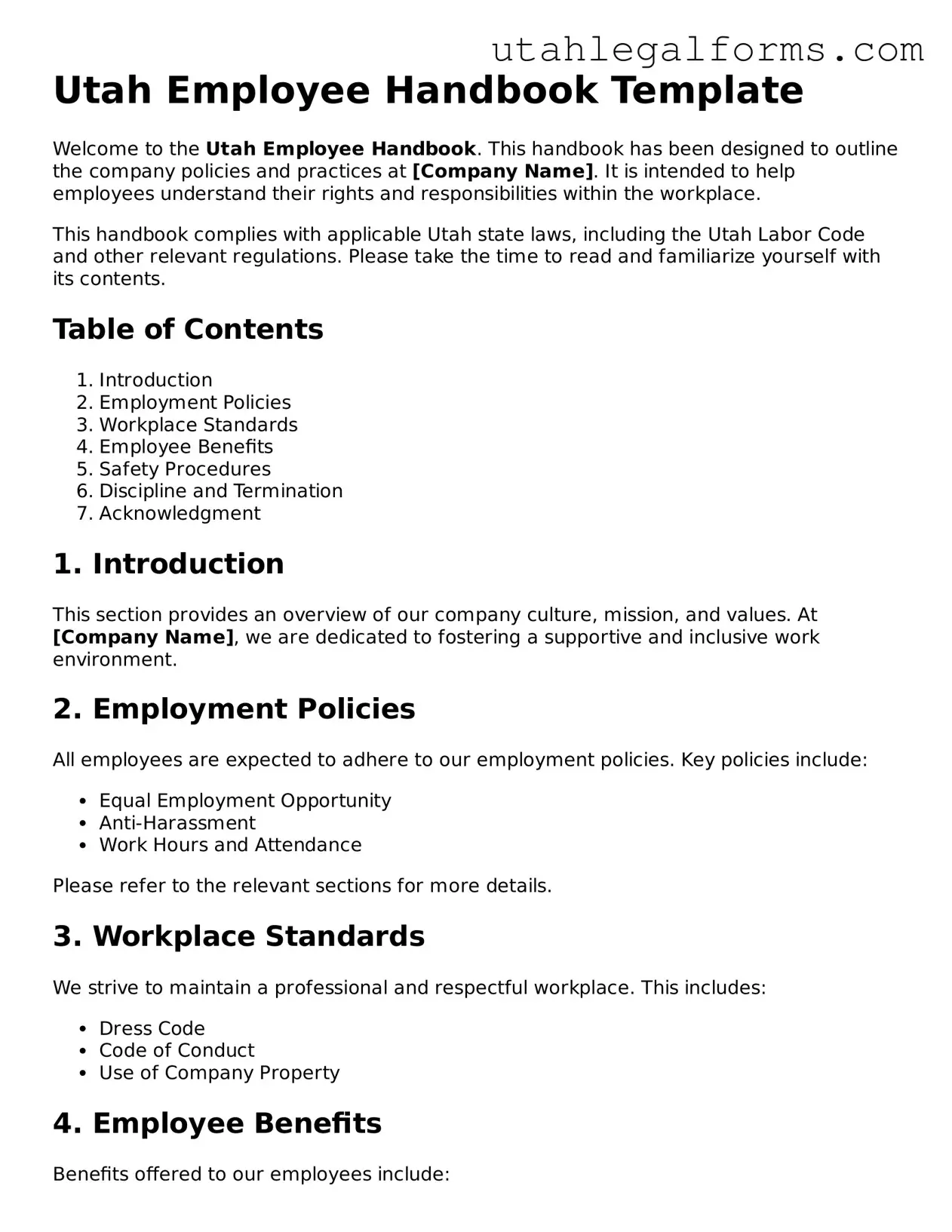 Official Employee Handbook Form for Utah State