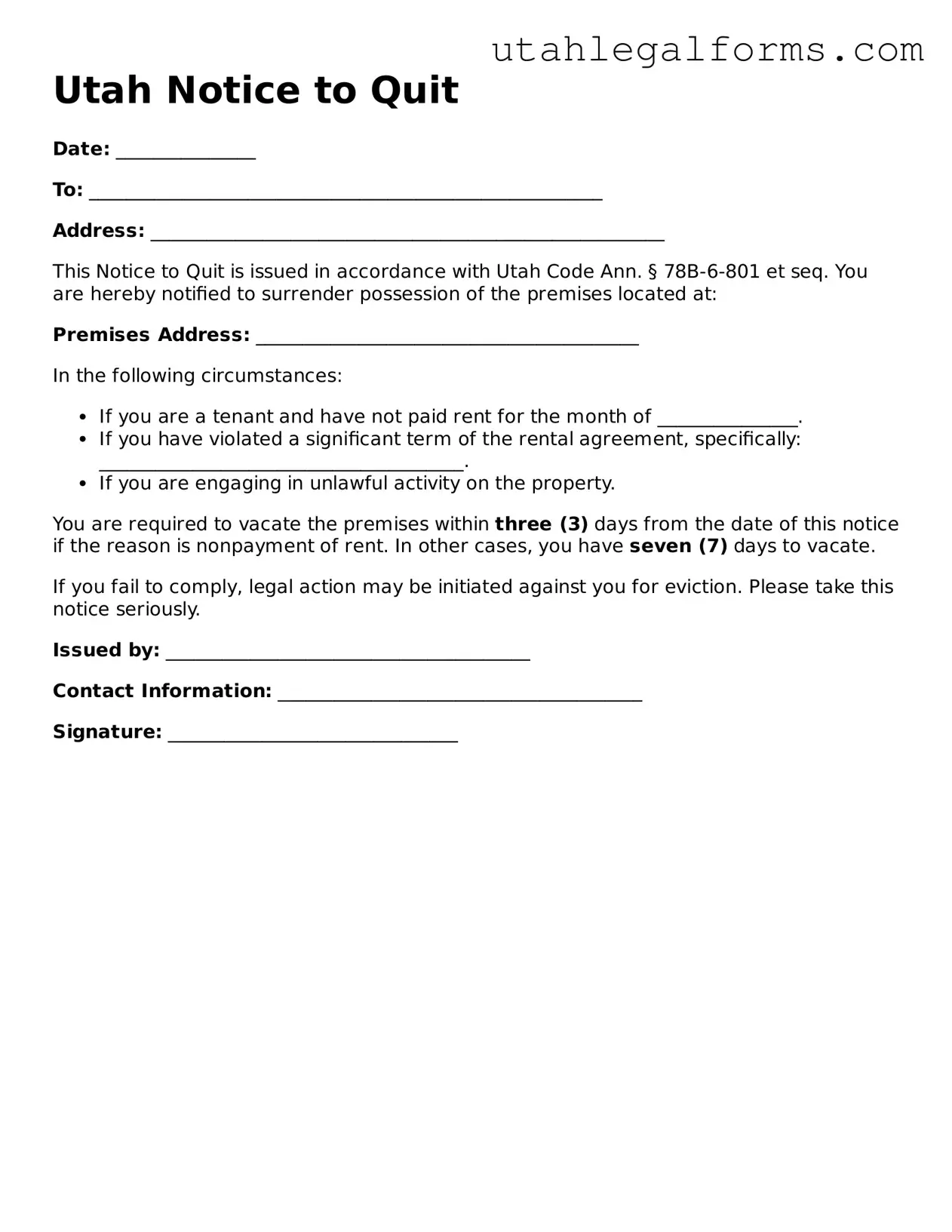Official Notice to Quit Form for Utah State