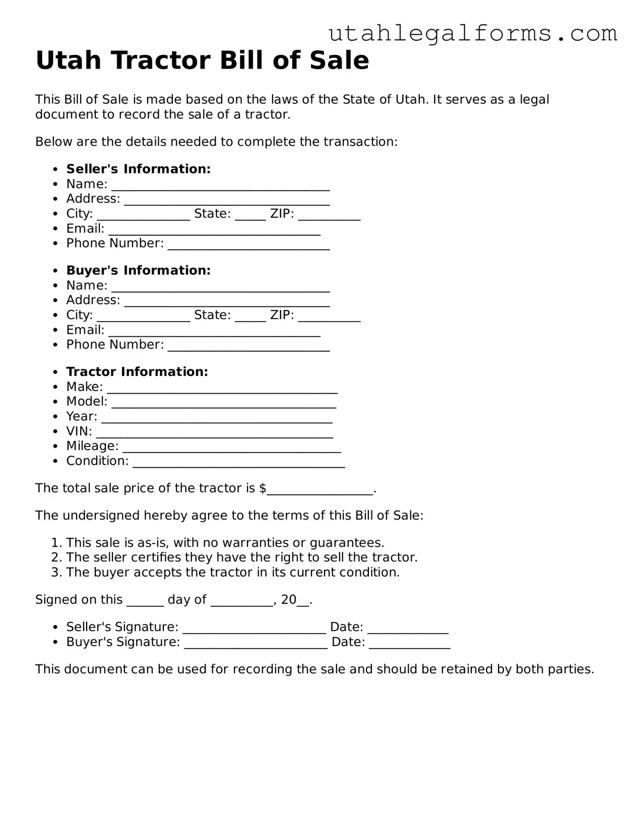 Official Tractor Bill of Sale Form for Utah State