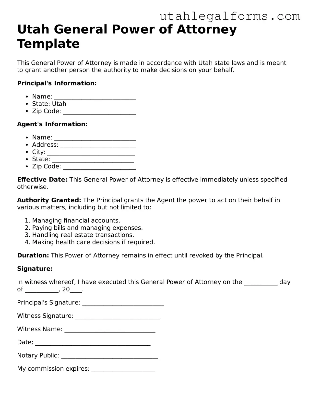 Official General Power of Attorney Form for Utah State