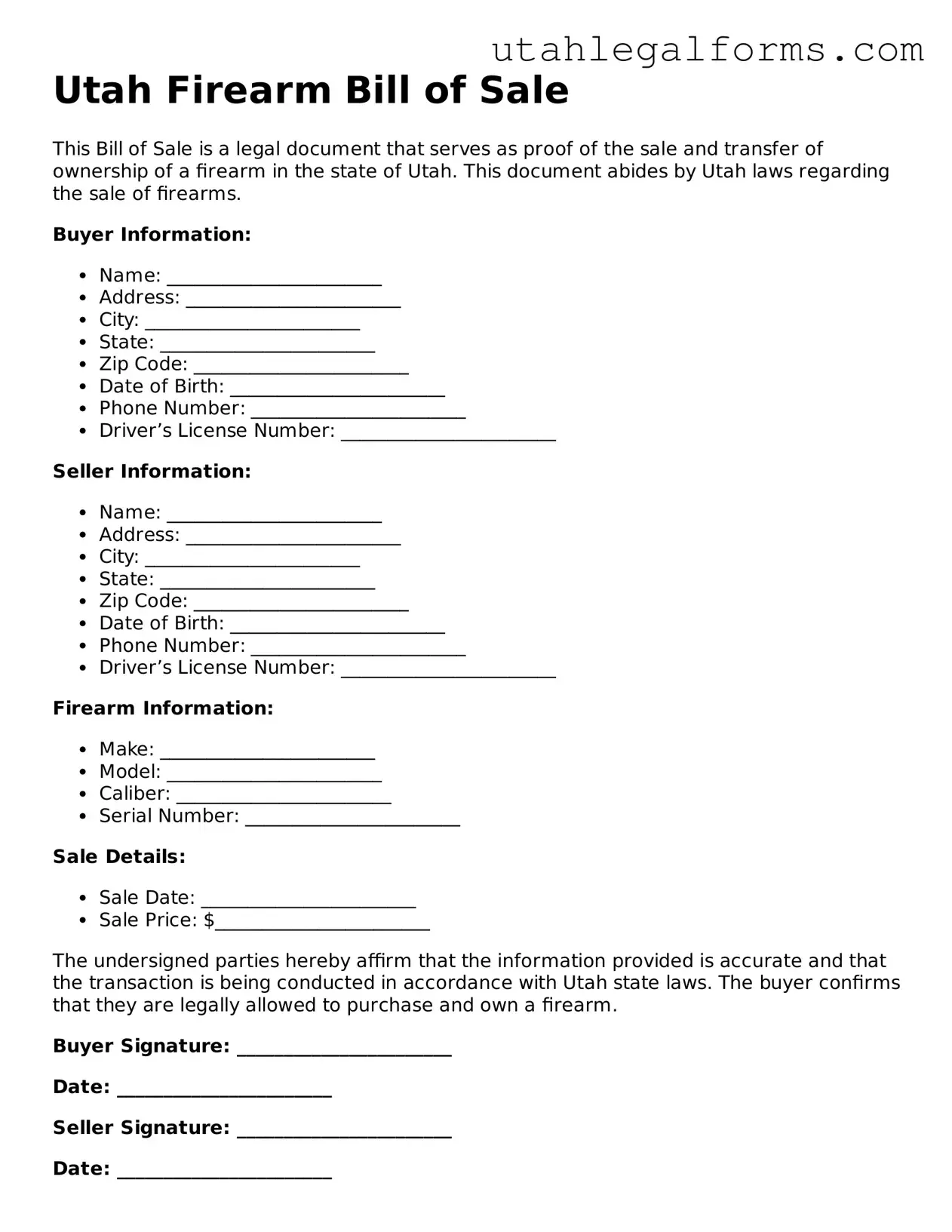 Official Firearm Bill of Sale Form for Utah State