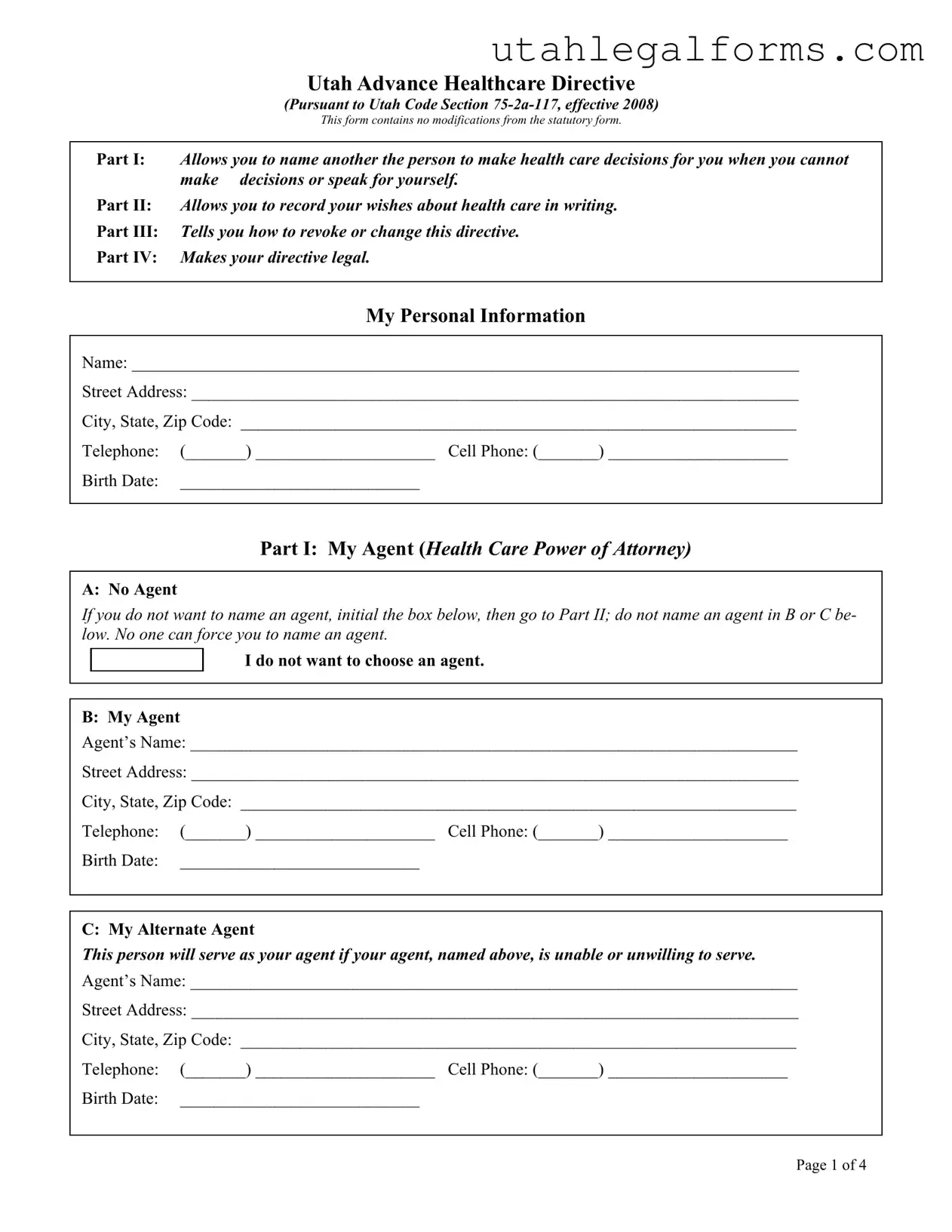 Fill a Valid Utah Healthcare Directive Template