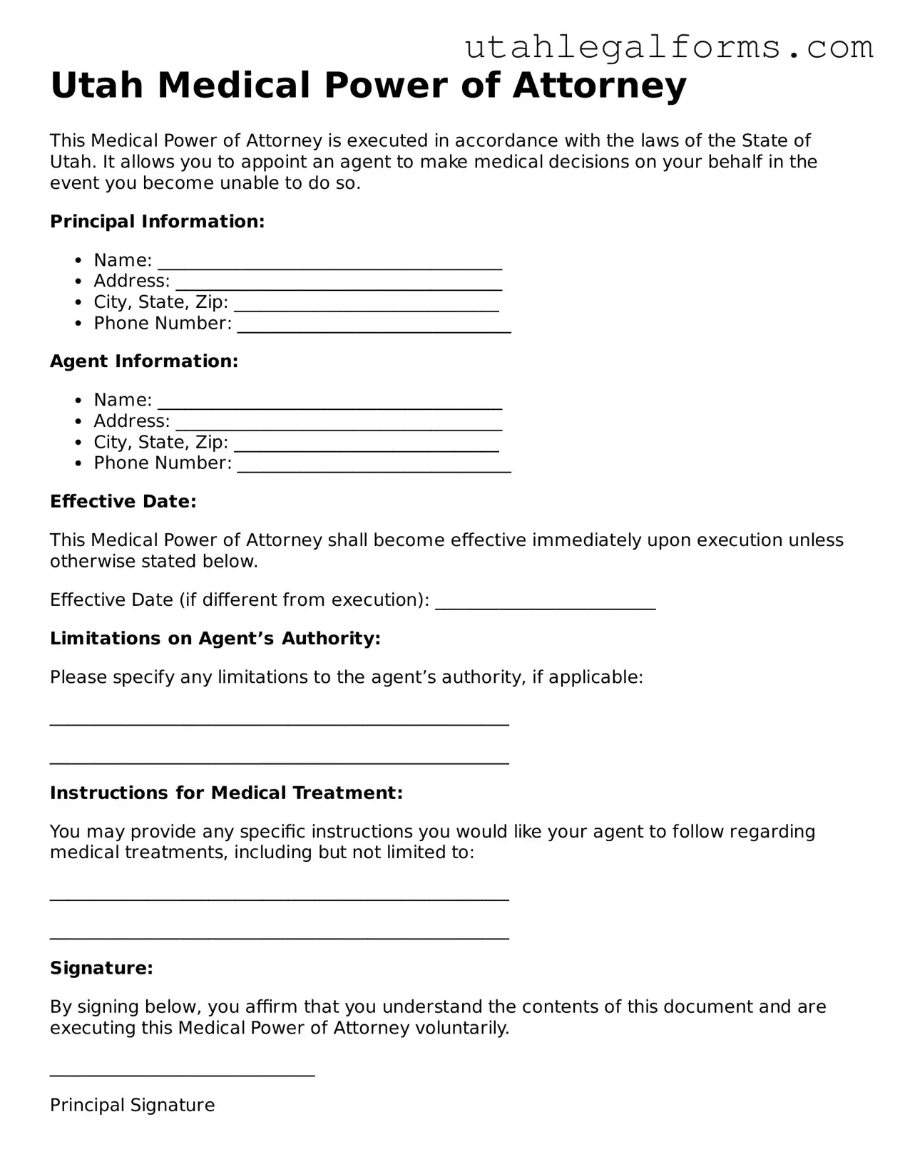 Official Medical Power of Attorney Form for Utah State