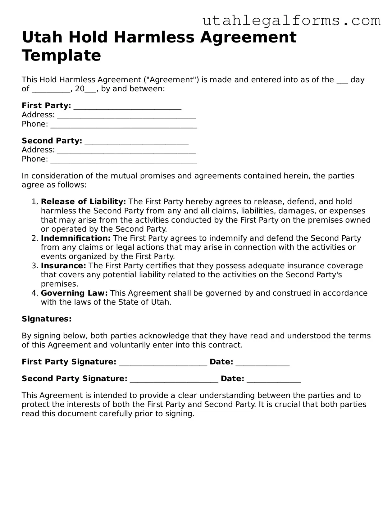 Official Hold Harmless Agreement Form for Utah State