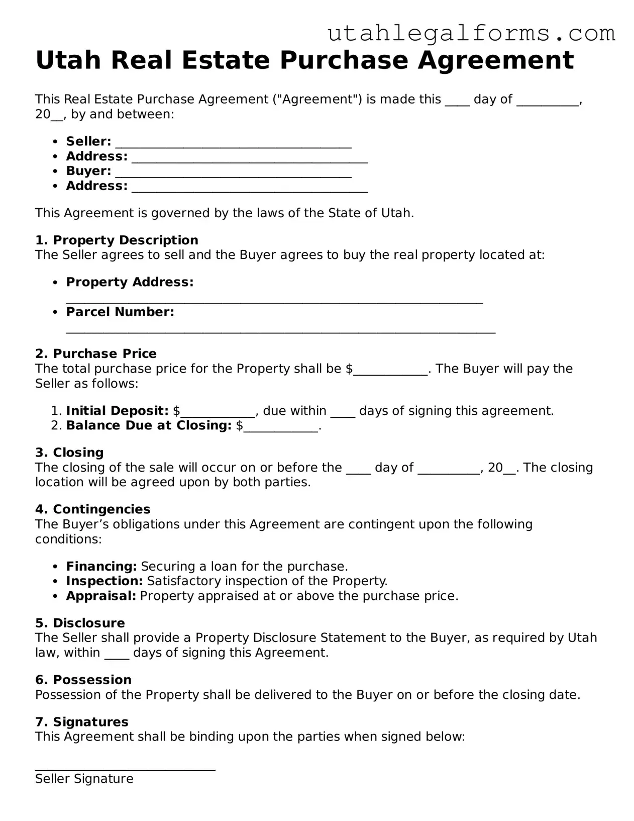 Official Real Estate Purchase Agreement Form for Utah State