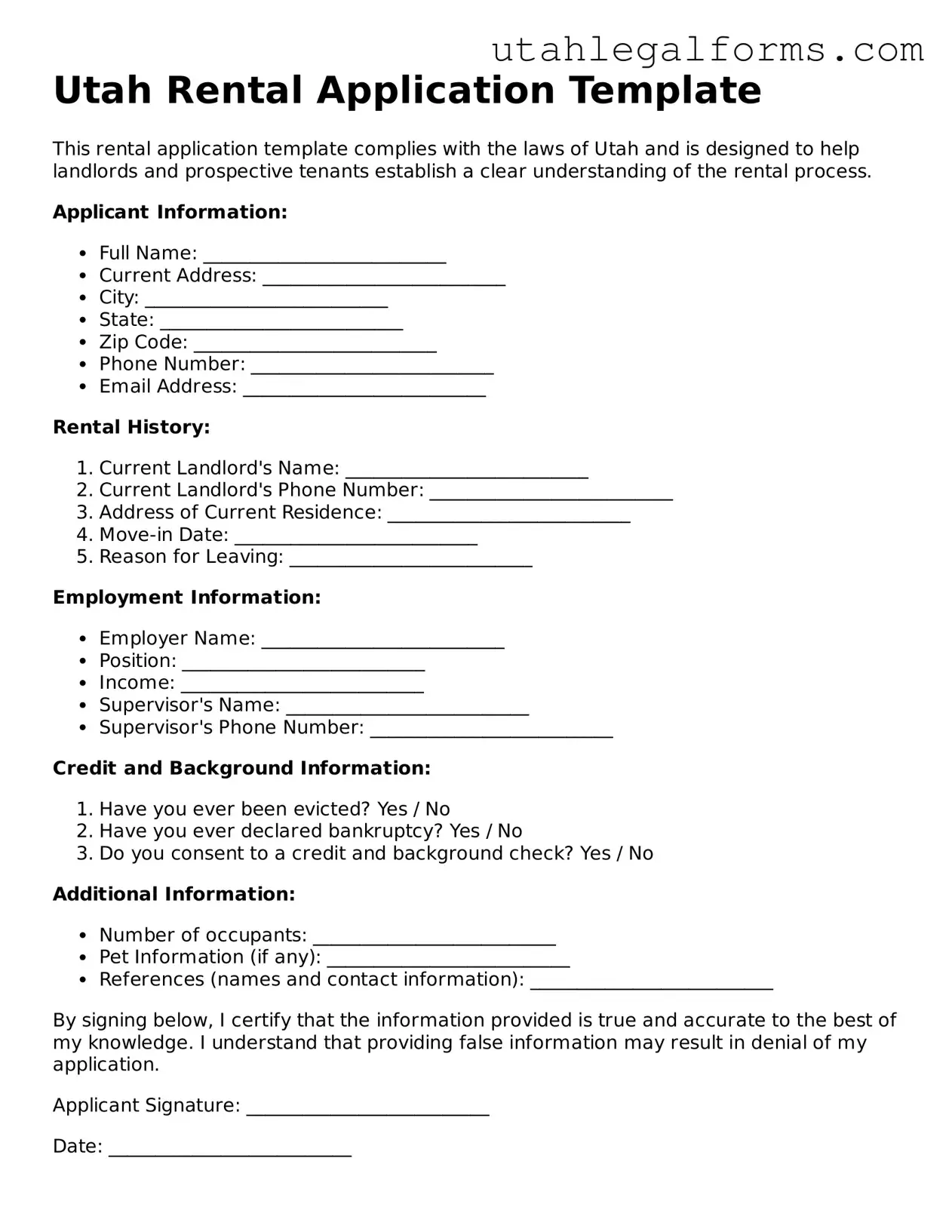 Official Rental Application Form for Utah State