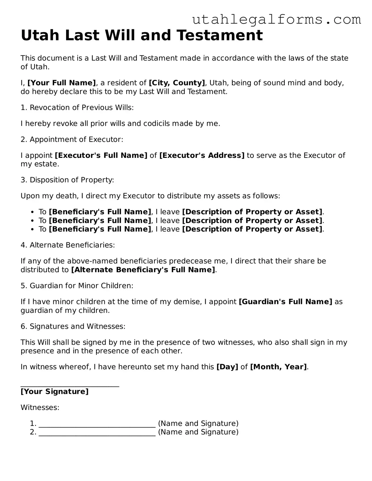 Official Last Will and Testament Form for Utah State