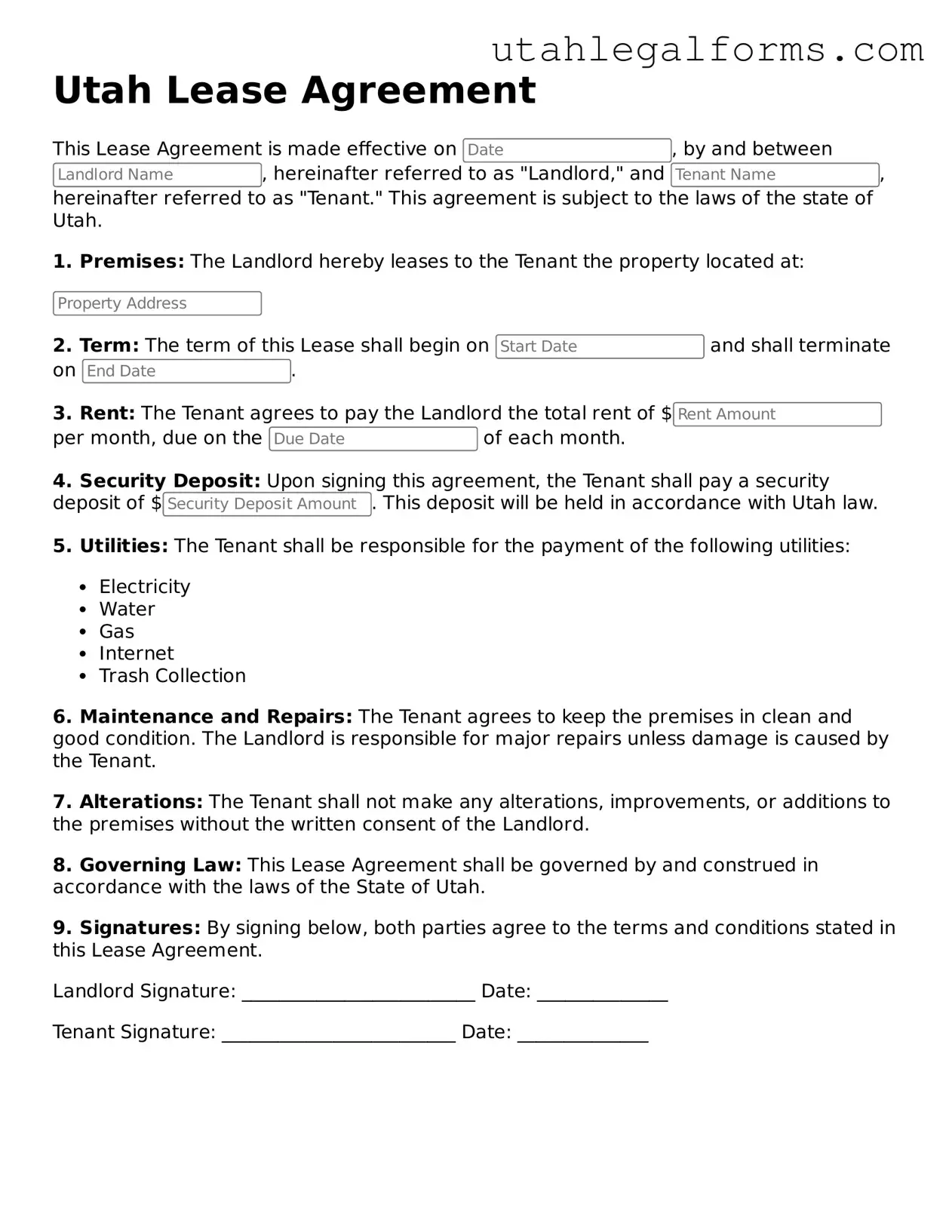 Official Lease Agreement Form for Utah State