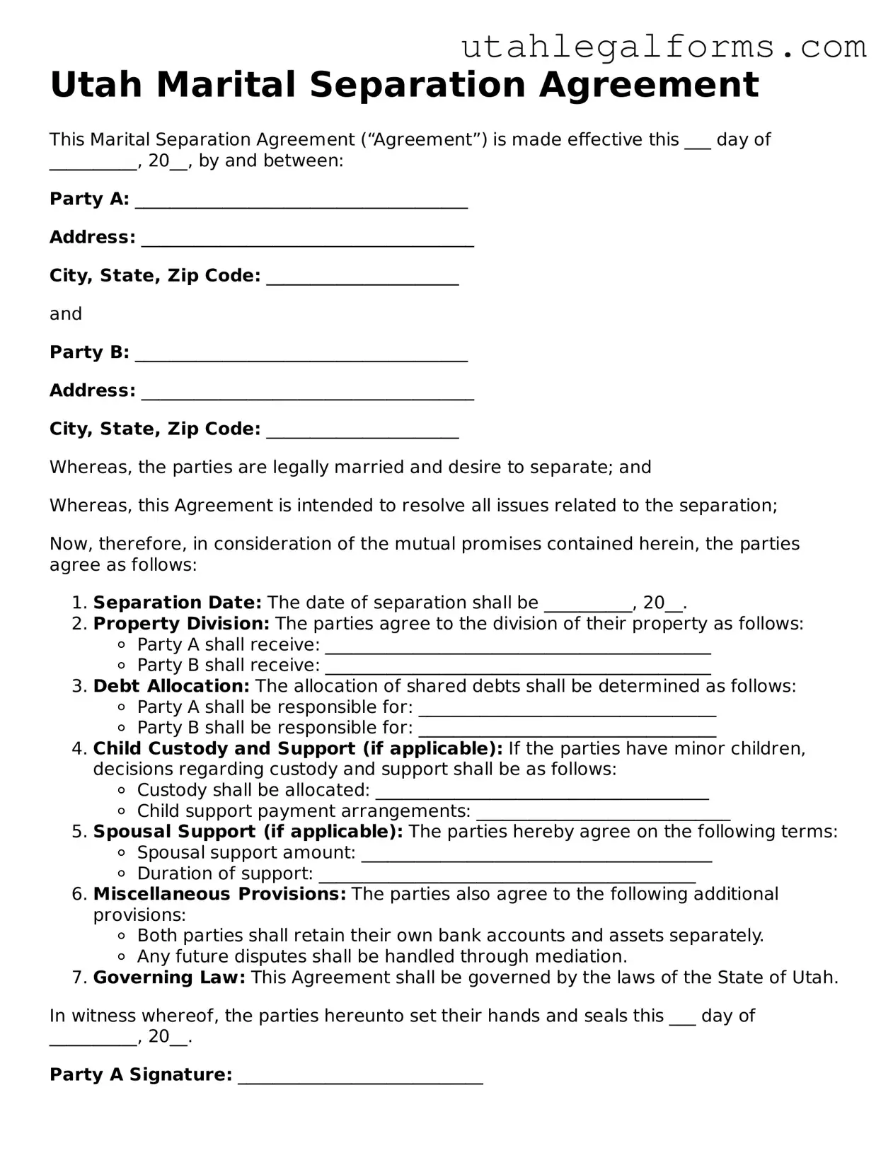 Official Marital Separation Agreement Form for Utah State