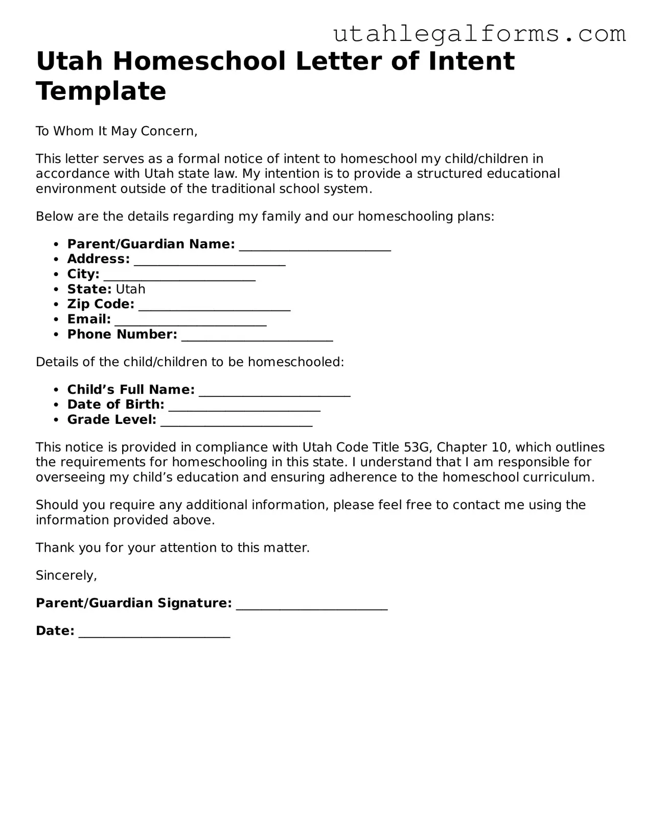 Official Homeschool Letter of Intent Form for Utah State