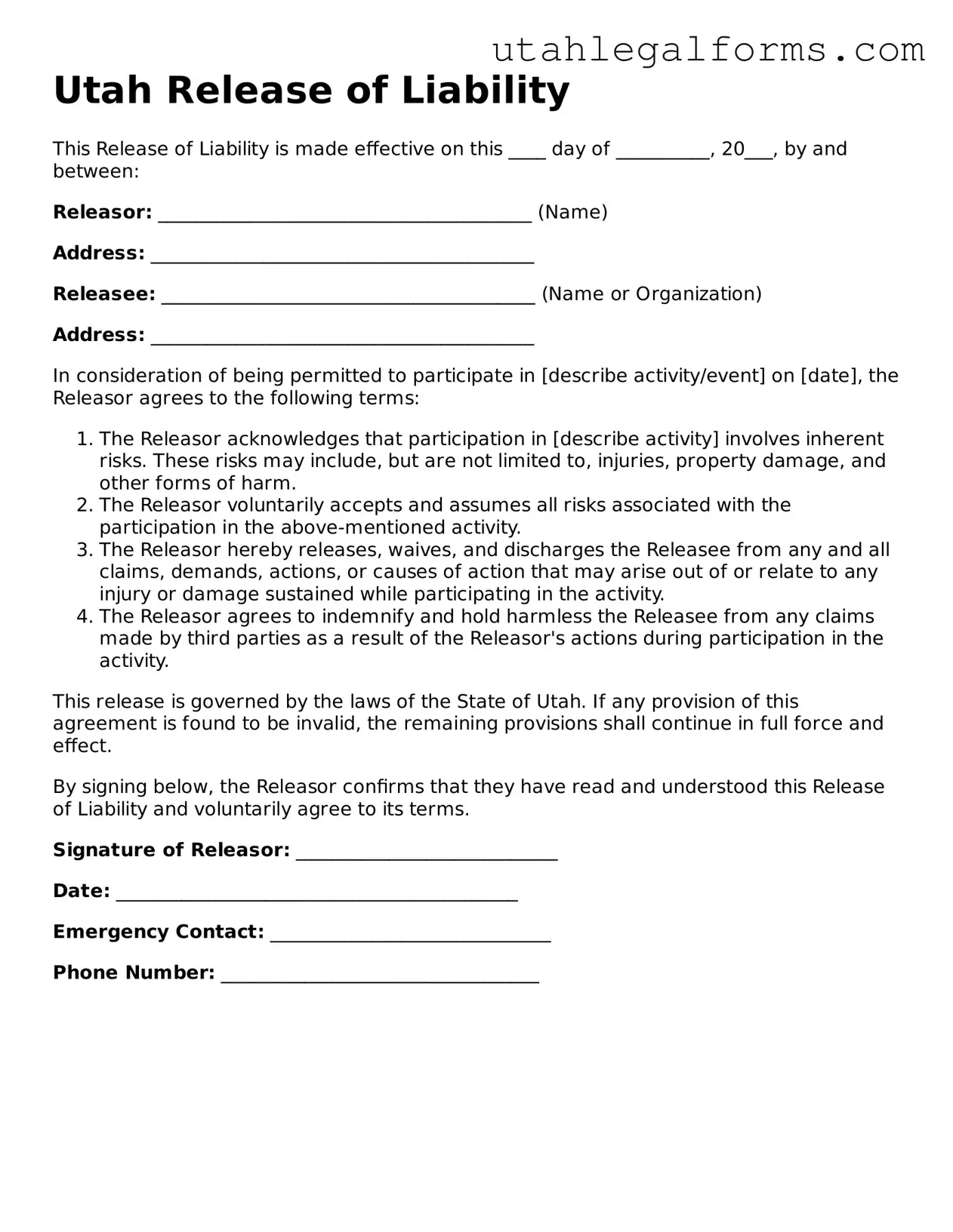 Official Release of Liability Form for Utah State