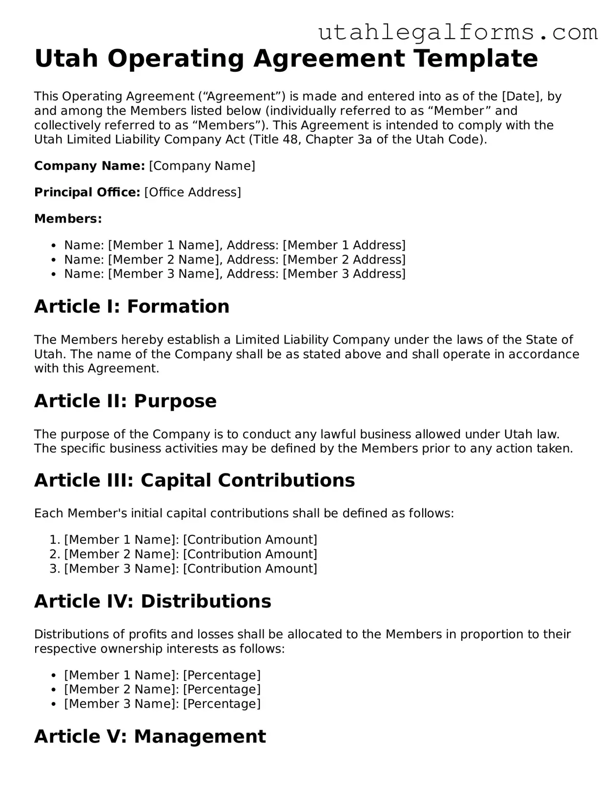 Official Operating Agreement Form for Utah State