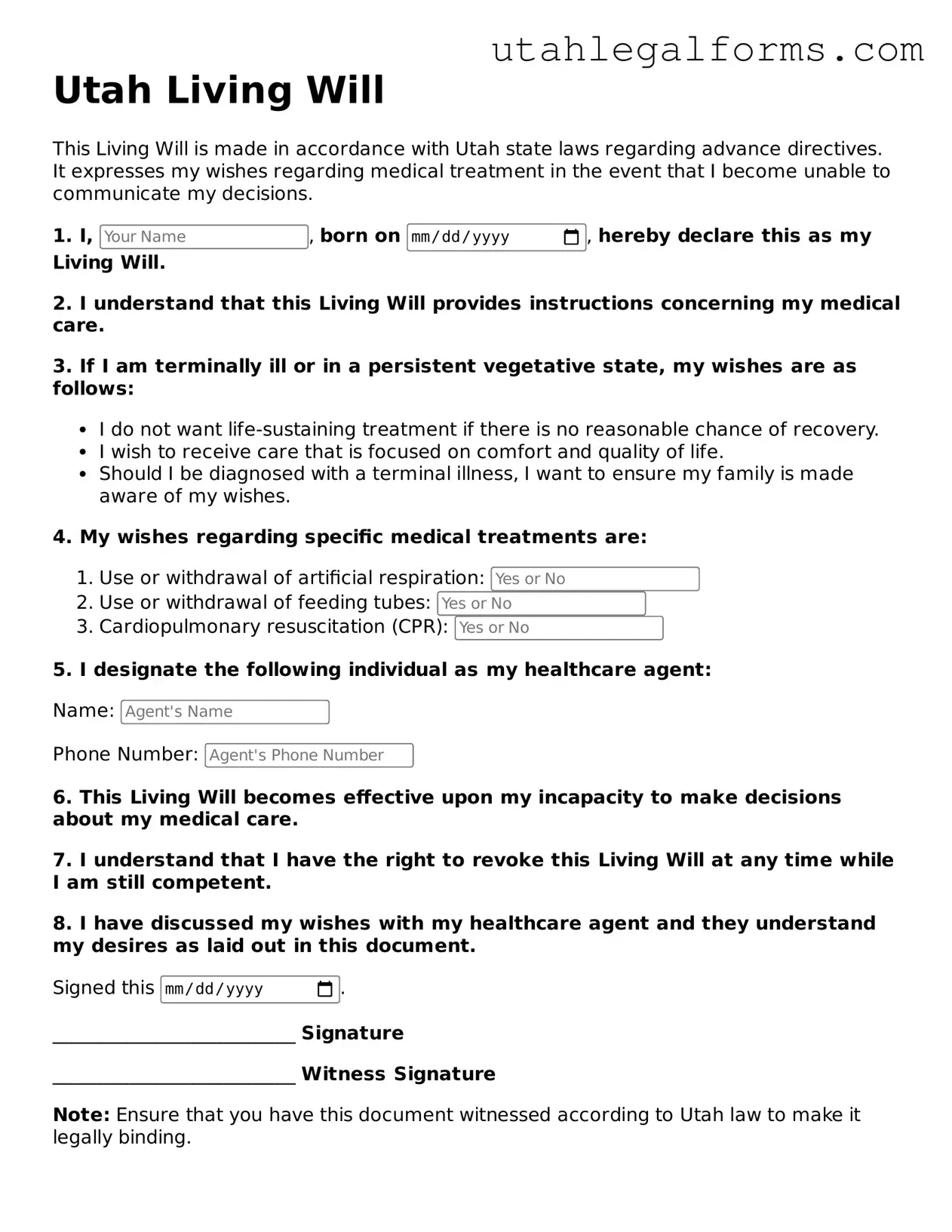 Official Living Will Form for Utah State