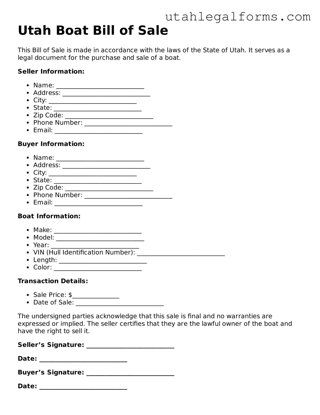 Official Boat Bill of Sale Form for Utah State