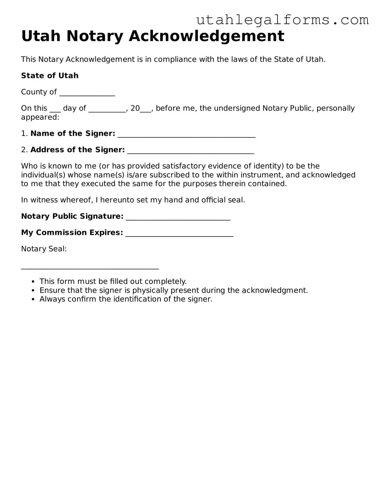 Official Notary Acknowledgement Form for Utah State