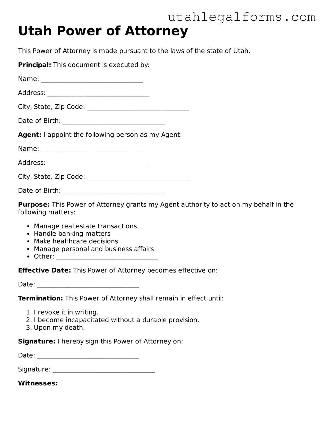 Official Power of Attorney Form for Utah State