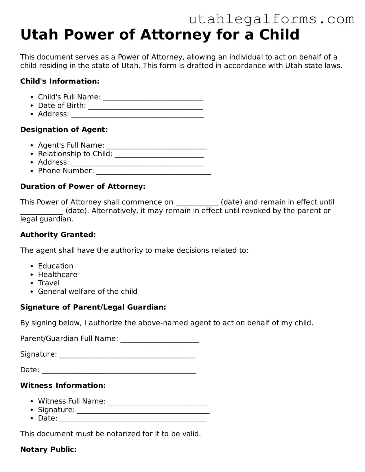 Official Power of Attorney for a Child Form for Utah State
