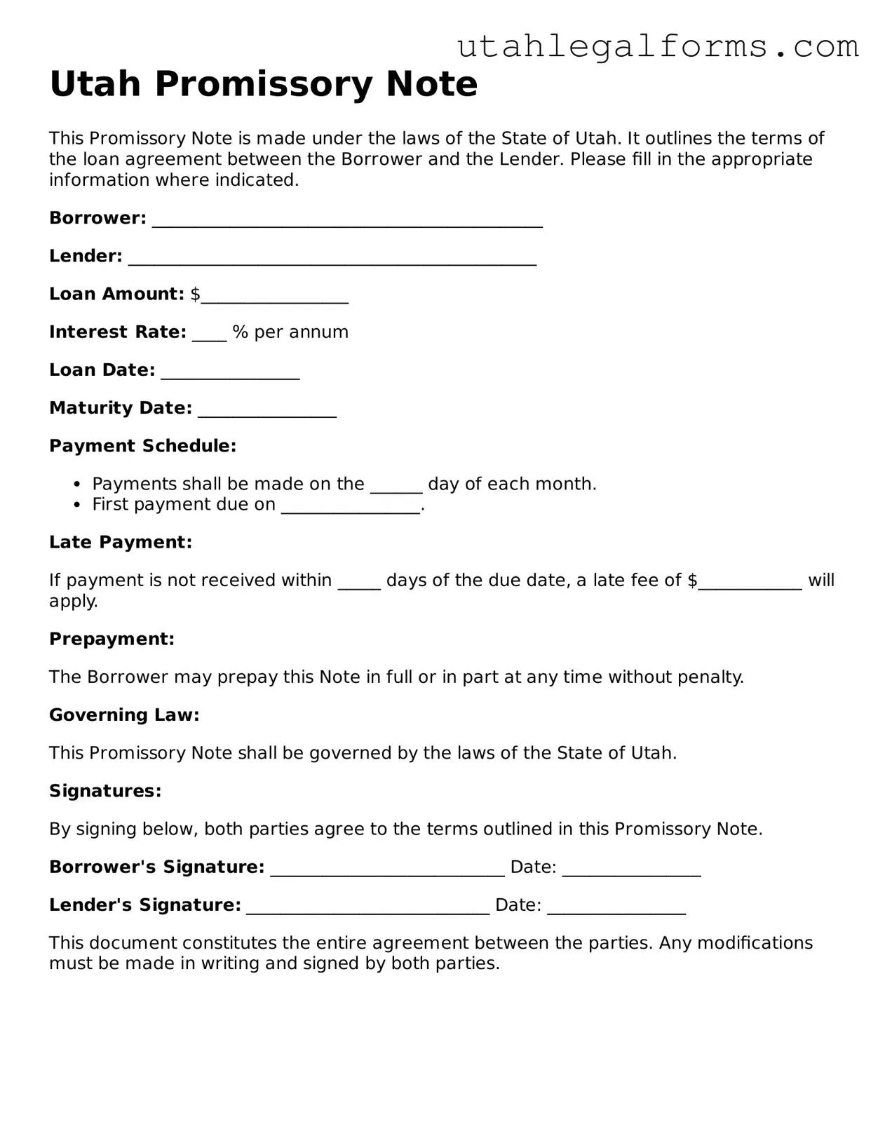 Official Promissory Note Form for Utah State