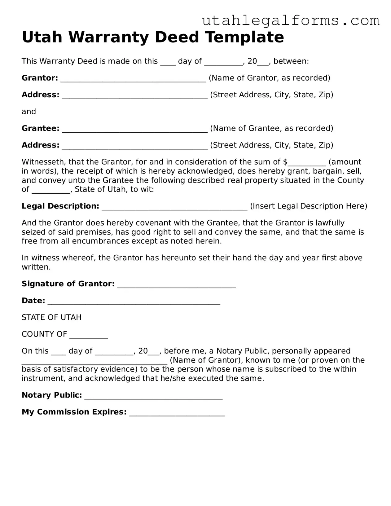 Official Deed Form for Utah State