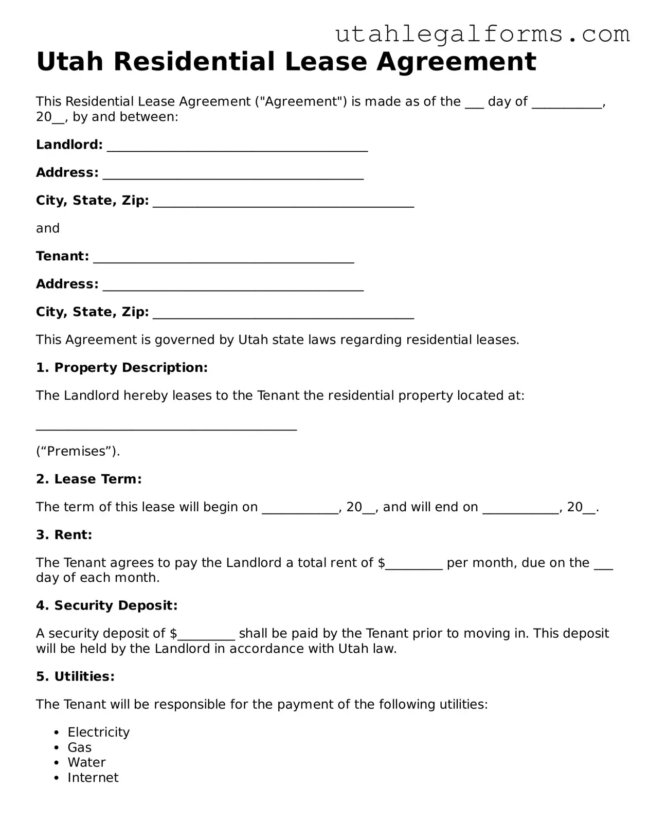 Official Residential Lease Agreement Form for Utah State