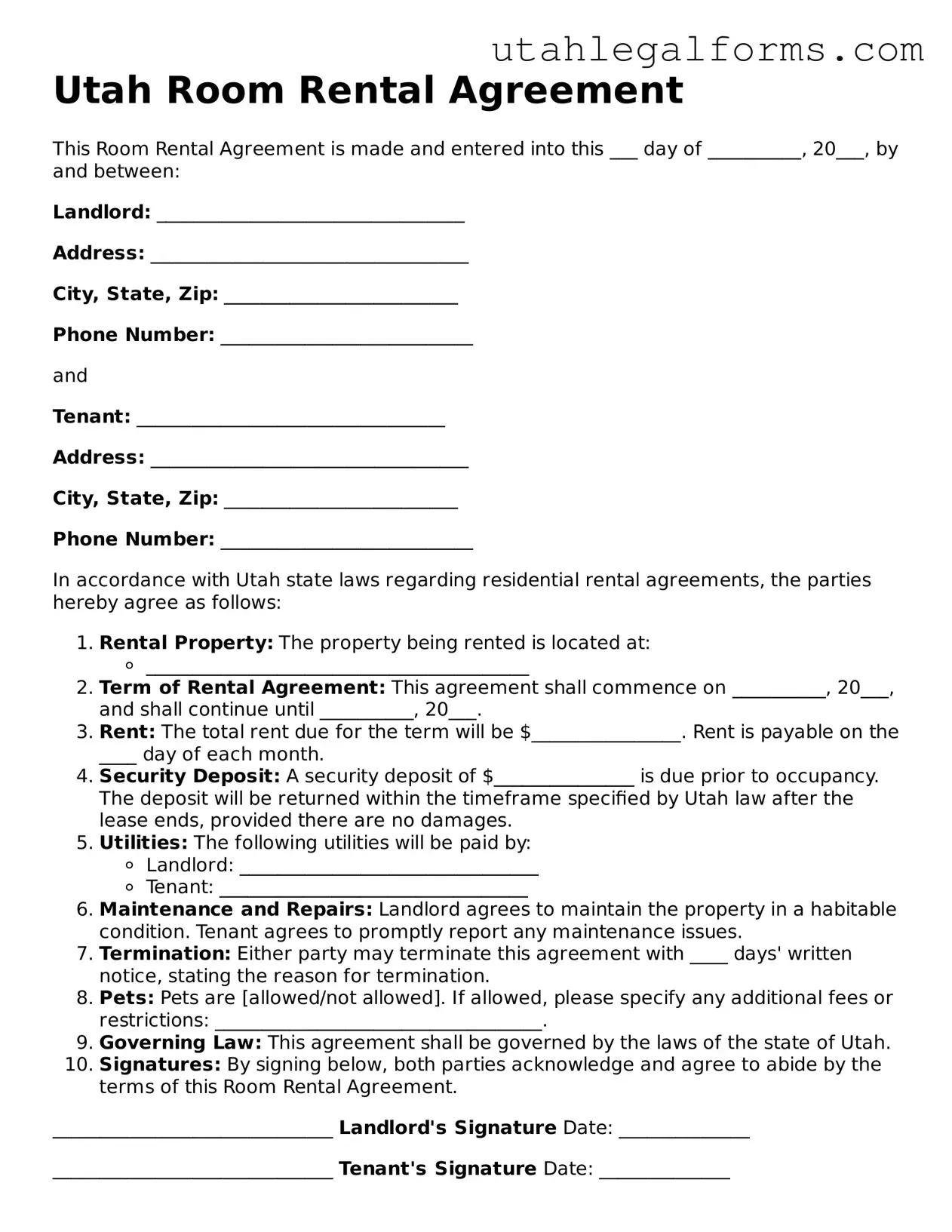 Official Room Rental Agreement Form for Utah State
